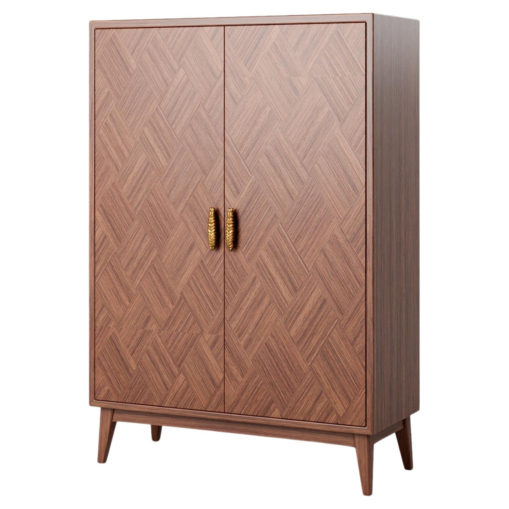 Contemporary Wood Veneer Cabinet with Bronze Handles For Sale