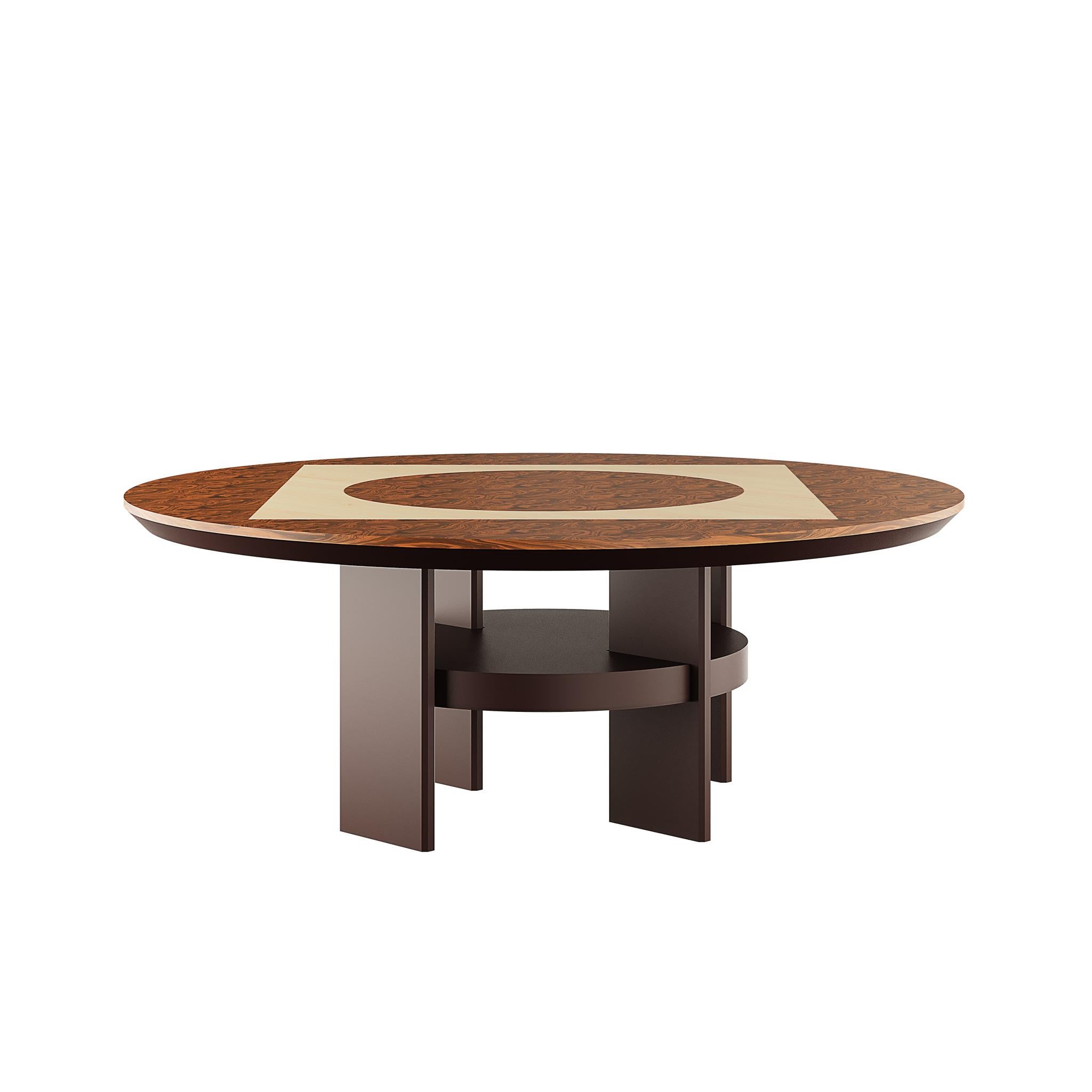 Hand-Carved Modern Dining Table Marquetry Walnut Root, White Toulipier Feet Chocolate Brown For Sale
