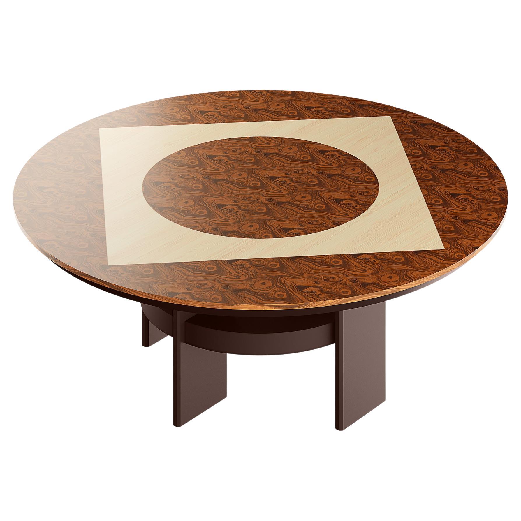 Modern Dining Table Marquetry Walnut Root, White Toulipier Feet Chocolate Brown For Sale