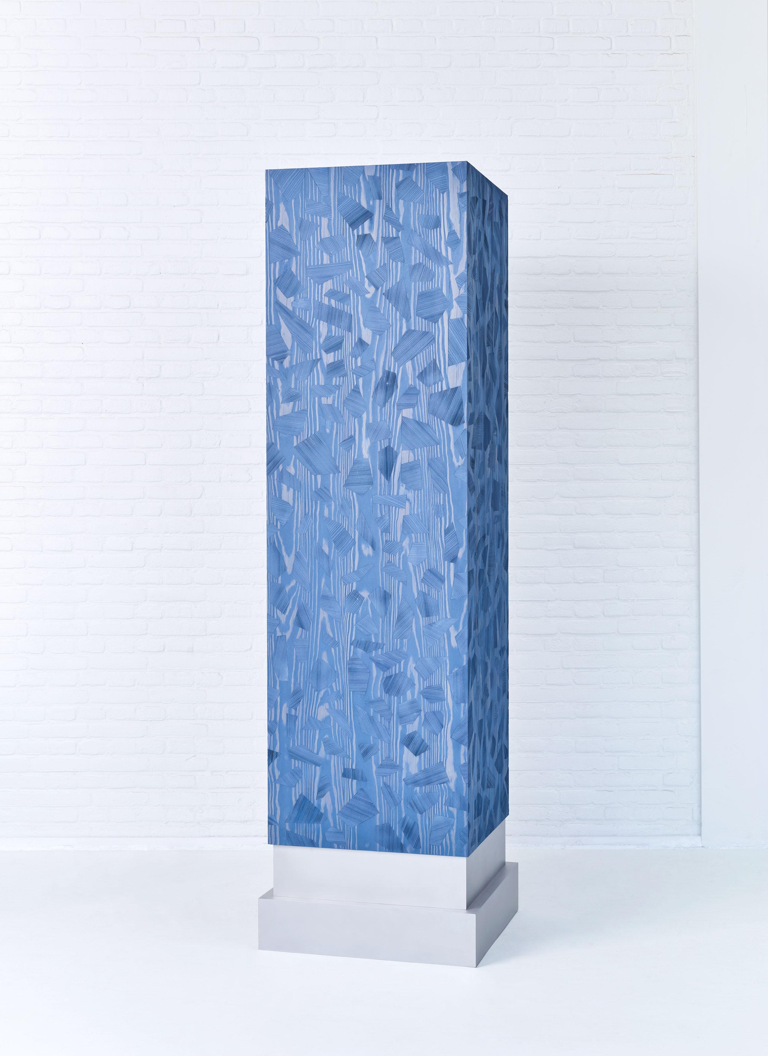 Hand-Carved Contemporary Wooden Blue Pigmented Closet, Column Blend Armoire by Ward Wijnant For Sale