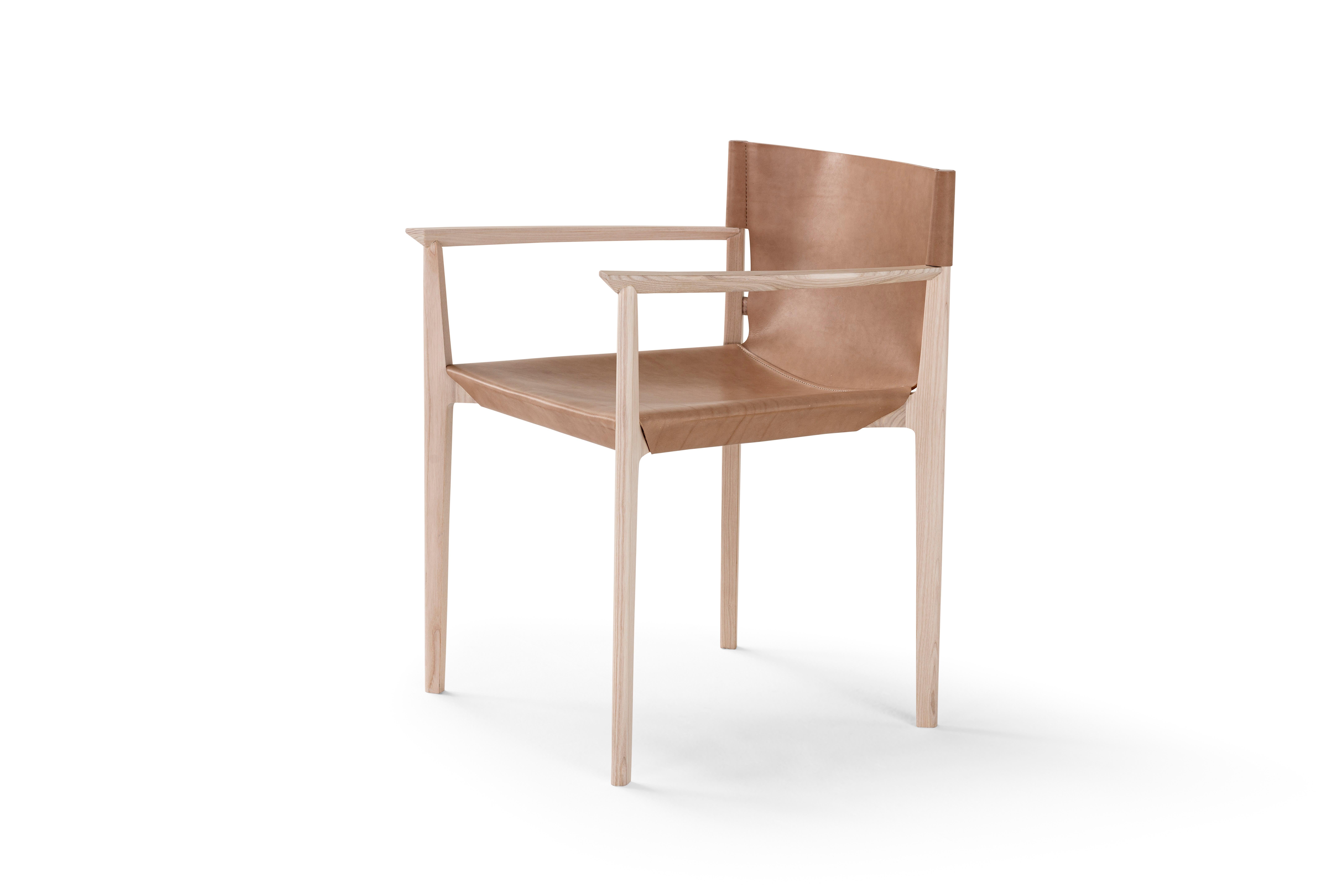 Wooden Chair 'Stilt', Cuoio & Wood
Designer Stefano Grassi

Height: 75 cm 
Width: 61,5 cm
Depth: 60 cm 

STILT is the chair from essential design and balanced shapes that recall serenity and home warmth. Its solid wood structure reminds the ancient
