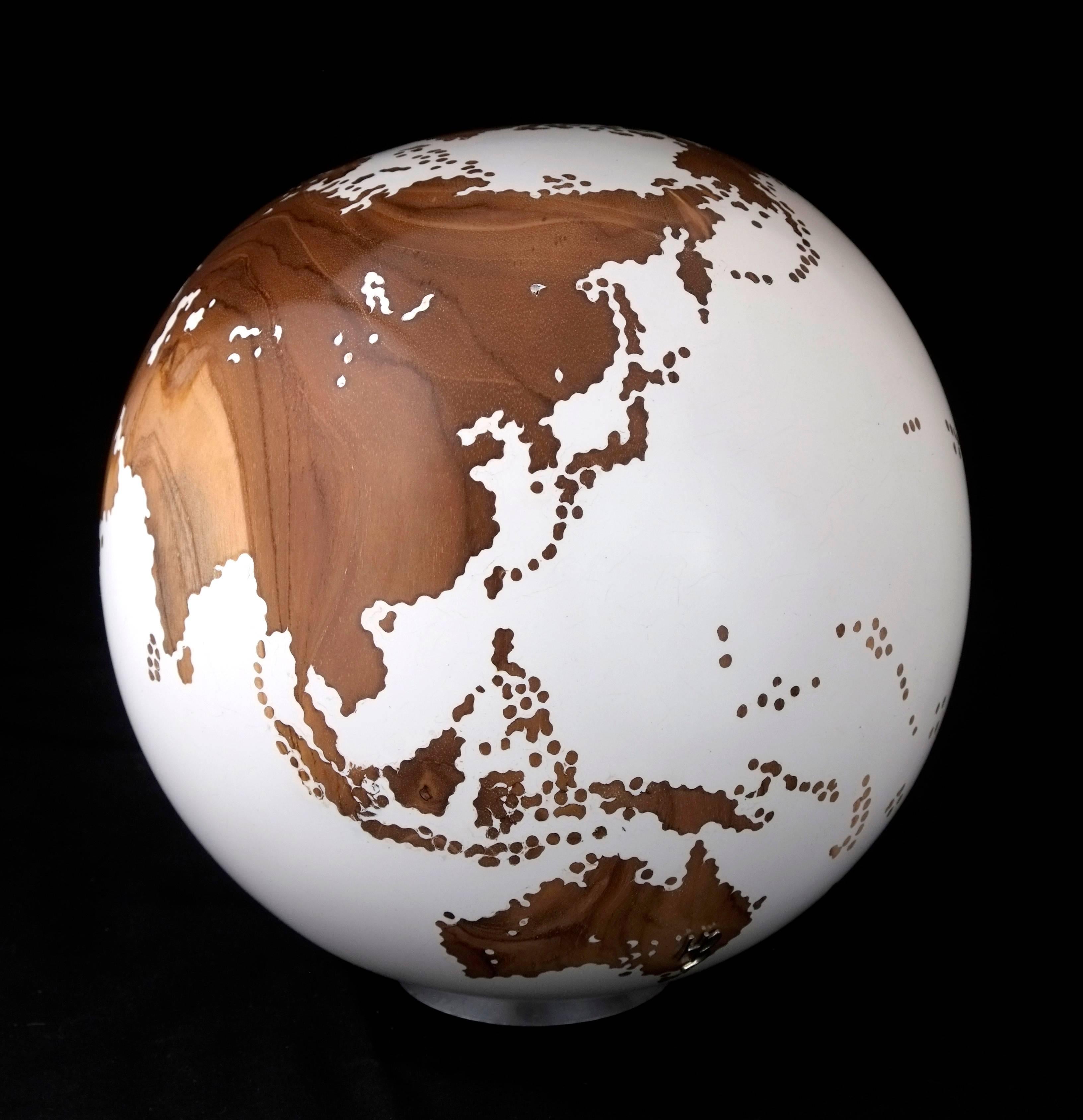 Organic Modern Contemporary Wooden Globe from Teak Root with Acrylic White Resin Finish, 20cm