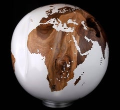 Contemporary Wooden Globe from Teak Root with Acrylic White Resin Finish, 20 cm
