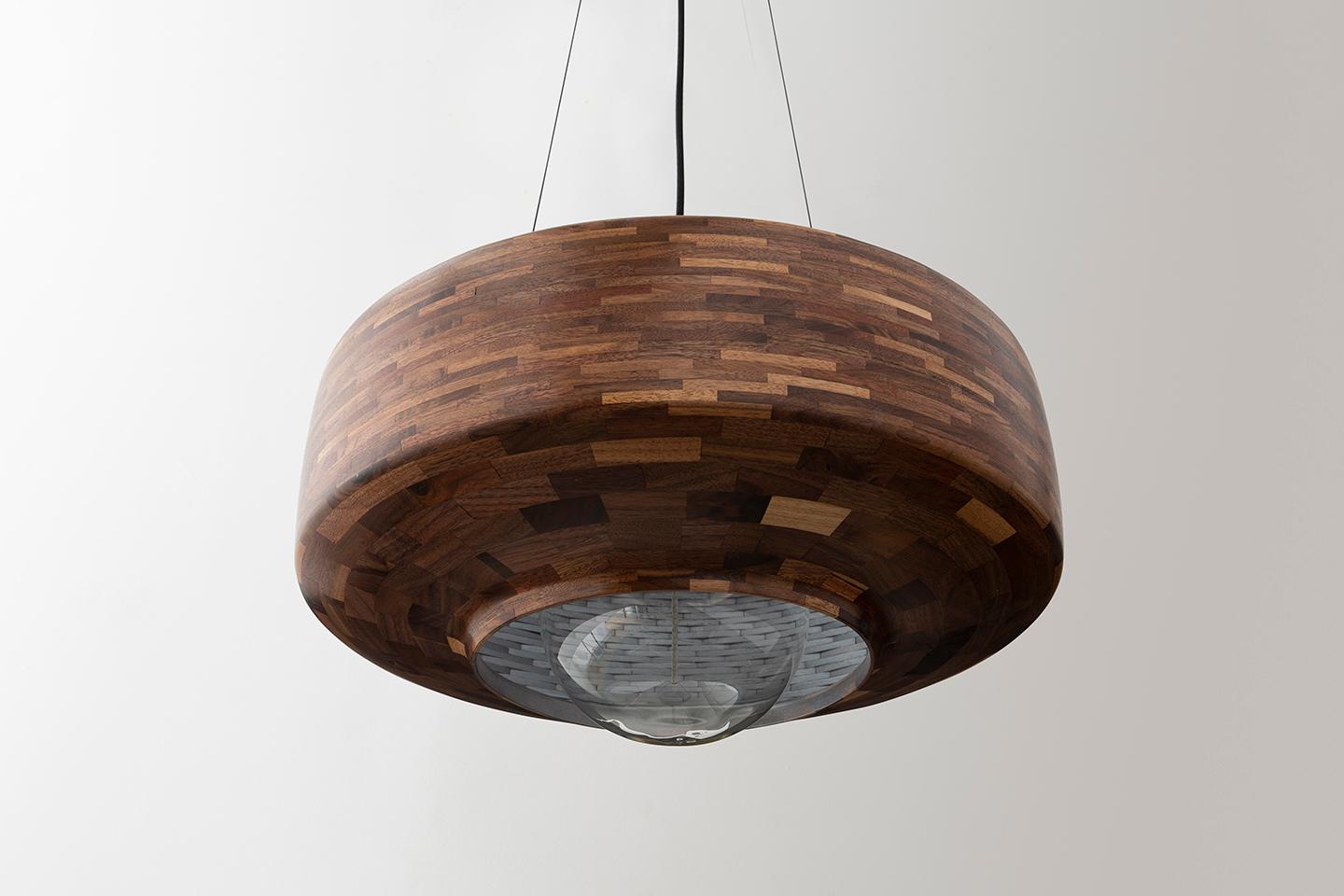 American Customizable STACKED Saucer Pendant Light, shown in Cherry, by Richard Haining For Sale
