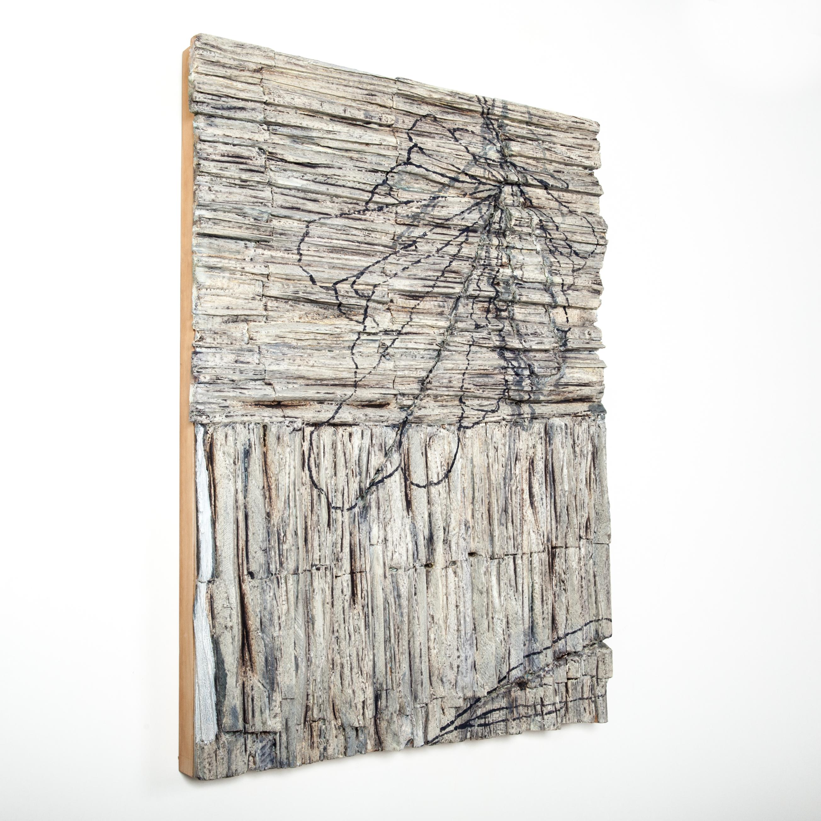 Contemporary wooden sculpture-painting created by circular sawing, greige-grey-anthracite painted on white-stuff.
Signed by hand Christofer Kochs, 2007

CHRISTOFER KOCHS 
Biographie:
1969   born in Osnabrück, NRW 
1989  A-level 1990  assistance in