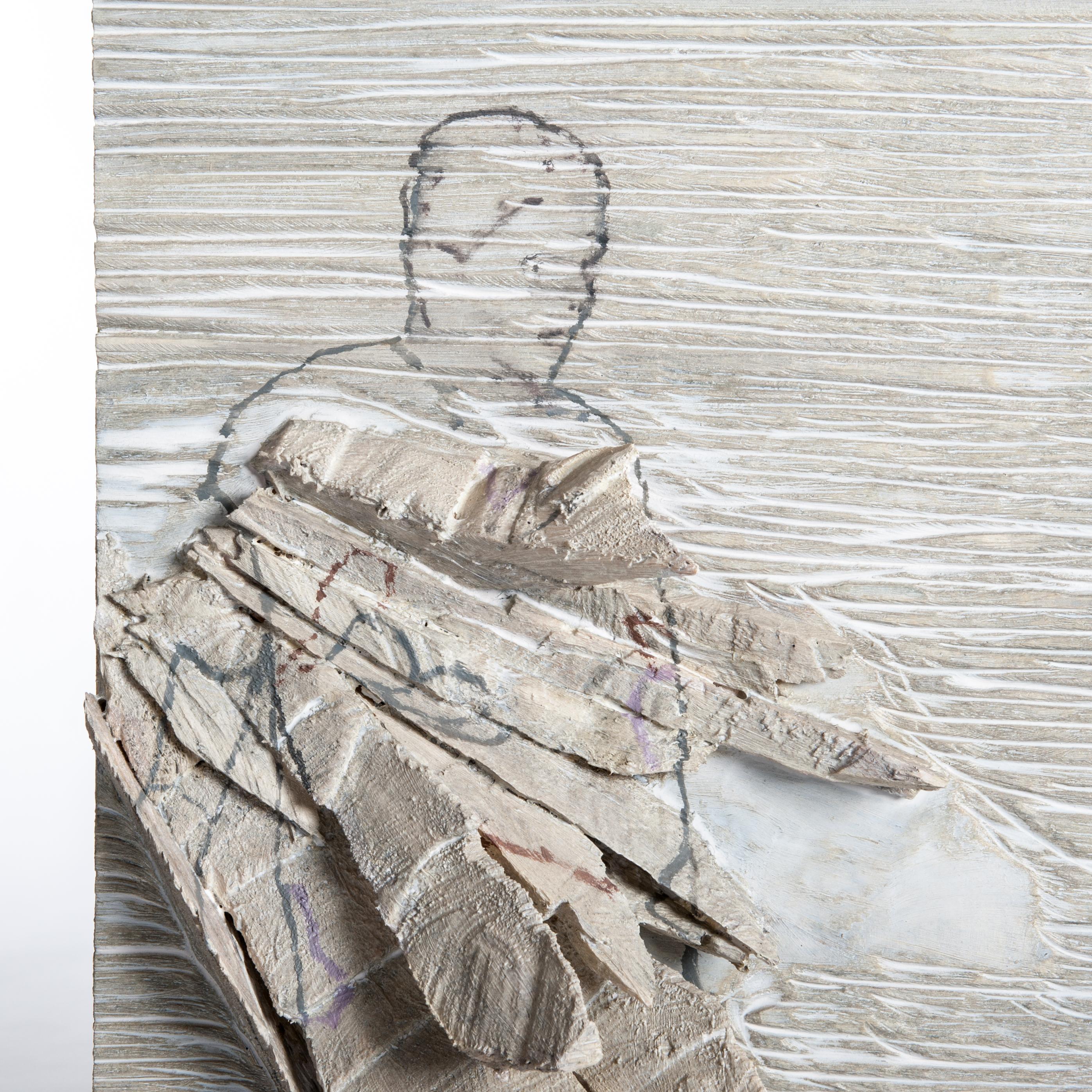 Escultura-pintura contemporánea de madera creada mediante aserrado circular, de color gris-gris-negro pintada sobre fondo blanco.
Firmado a mano Christofer Kochs, 2012

CHRISTOFER KOCHS 
Biografía:
1969   nacido en Osnabrück, Renania del