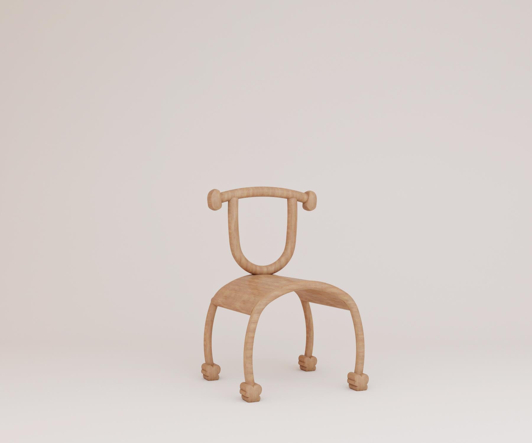 Handcrafted by special artisans, This unique piece has a curved seat that stands on four flowery legs 
And the smiling back with an elegant hat.

Dimension. W 46 x D 47 x H 45 cm
Material. Wood.
Year. 2020.
    