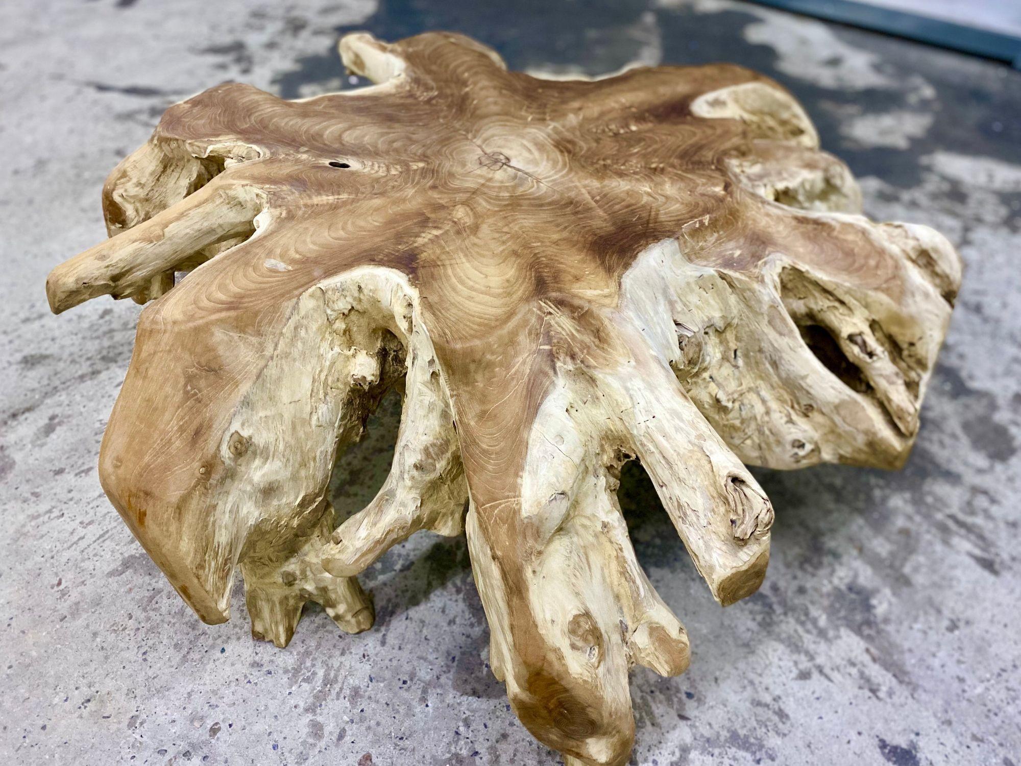 Amazing looking, one of a kind organic teak root coffee/ sofa table, artfully crafted out of one huge teak root. This brutalist coffee table is definitely an eye-catcher wether it´s used indoor or outdoors. The extraordinary shape reminds us a