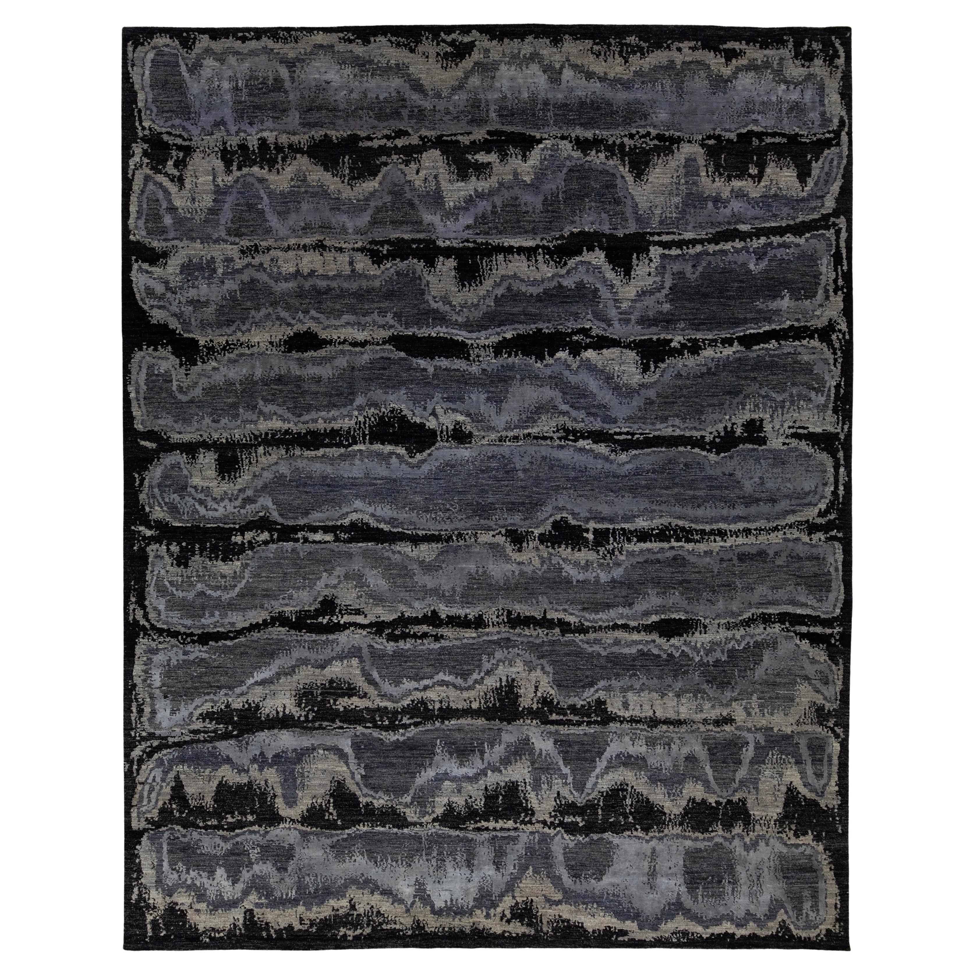 Lujo contemporáneo de lana  Alfombra En Negro Con Diseño Abstracto