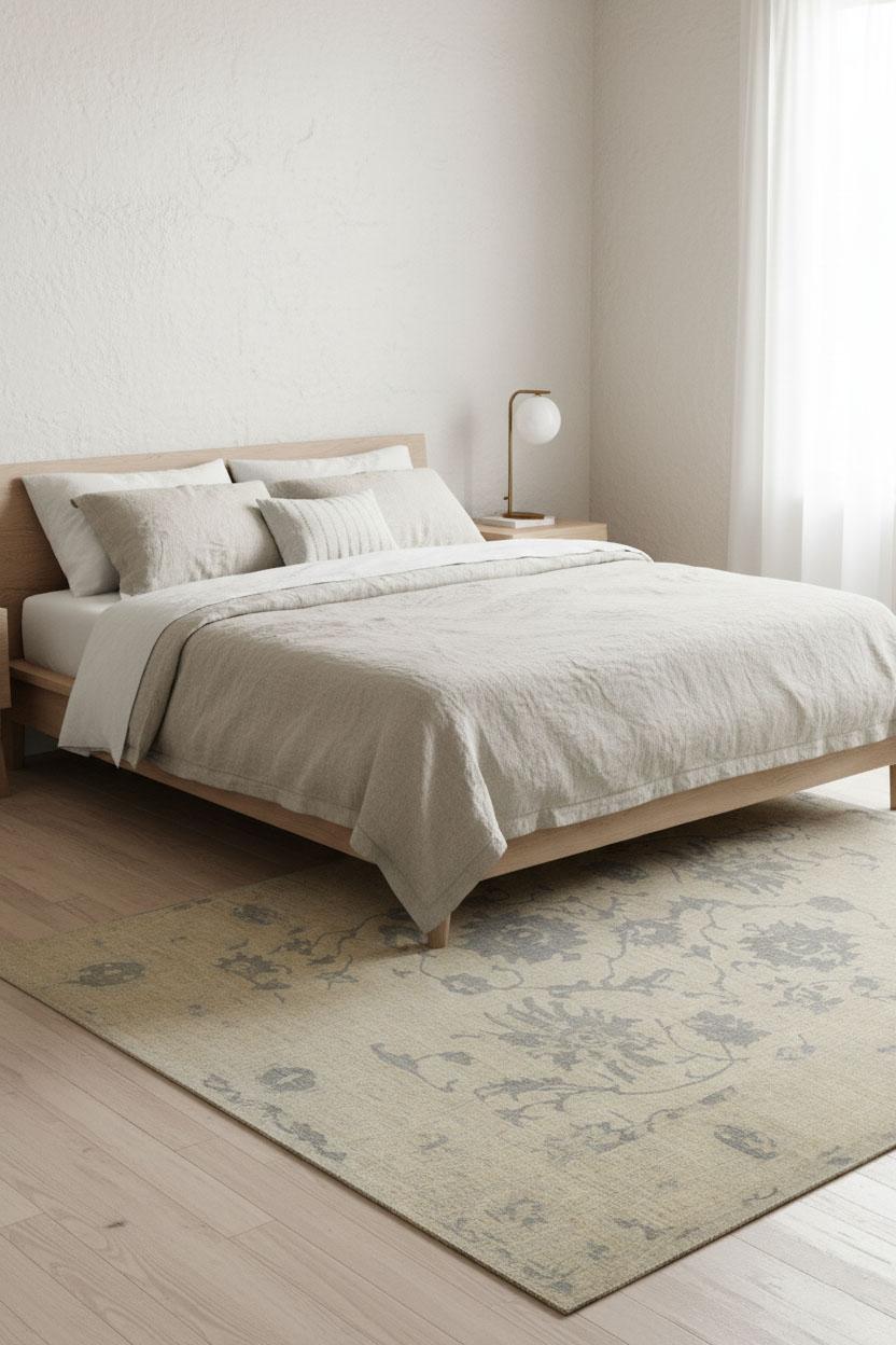 Dieser moderne Wollteppich zeigt ein dezentes botanisches Allover-Muster in sanftem Grau auf einem warmen beigen Grund. Er ist auf einer robusten Grundlage mit einem mittelhohen, komfortablen Flor gewebt und bietet sowohl Haltbarkeit als auch eine