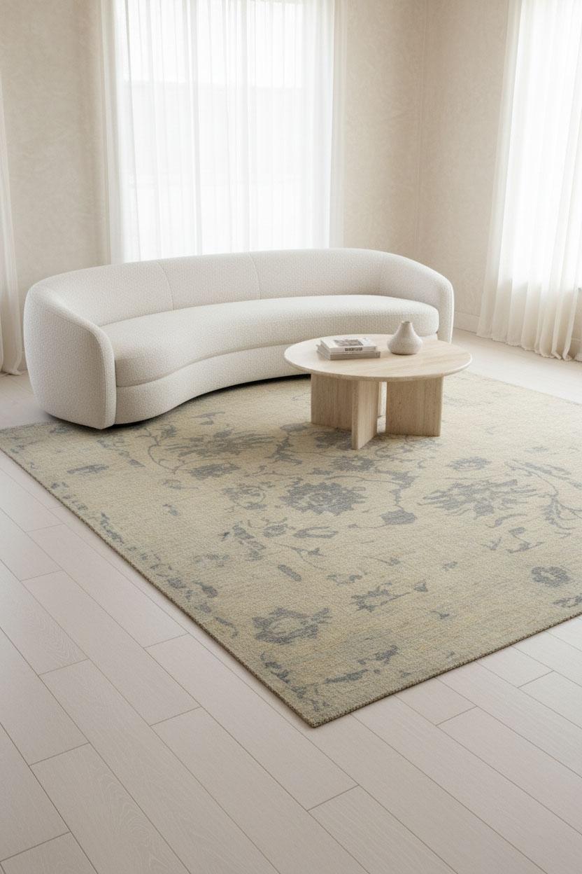 Zeitgenössischer Wollteppich, 9 ft × 11 ft , Beige und Soft Gray (Oushak) im Angebot