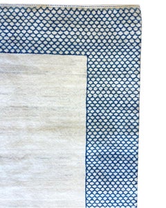 Contemporary Wool Rug, Neutral Ivory with Blue Border, Minimalist, 5x7