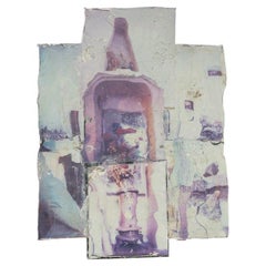 Œuvre contemporaine, sous verre, peinture et collage, XXe siècle.