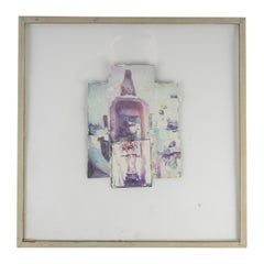 Œuvre contemporaine, sous verre, peinture et collage, XXe siècle.