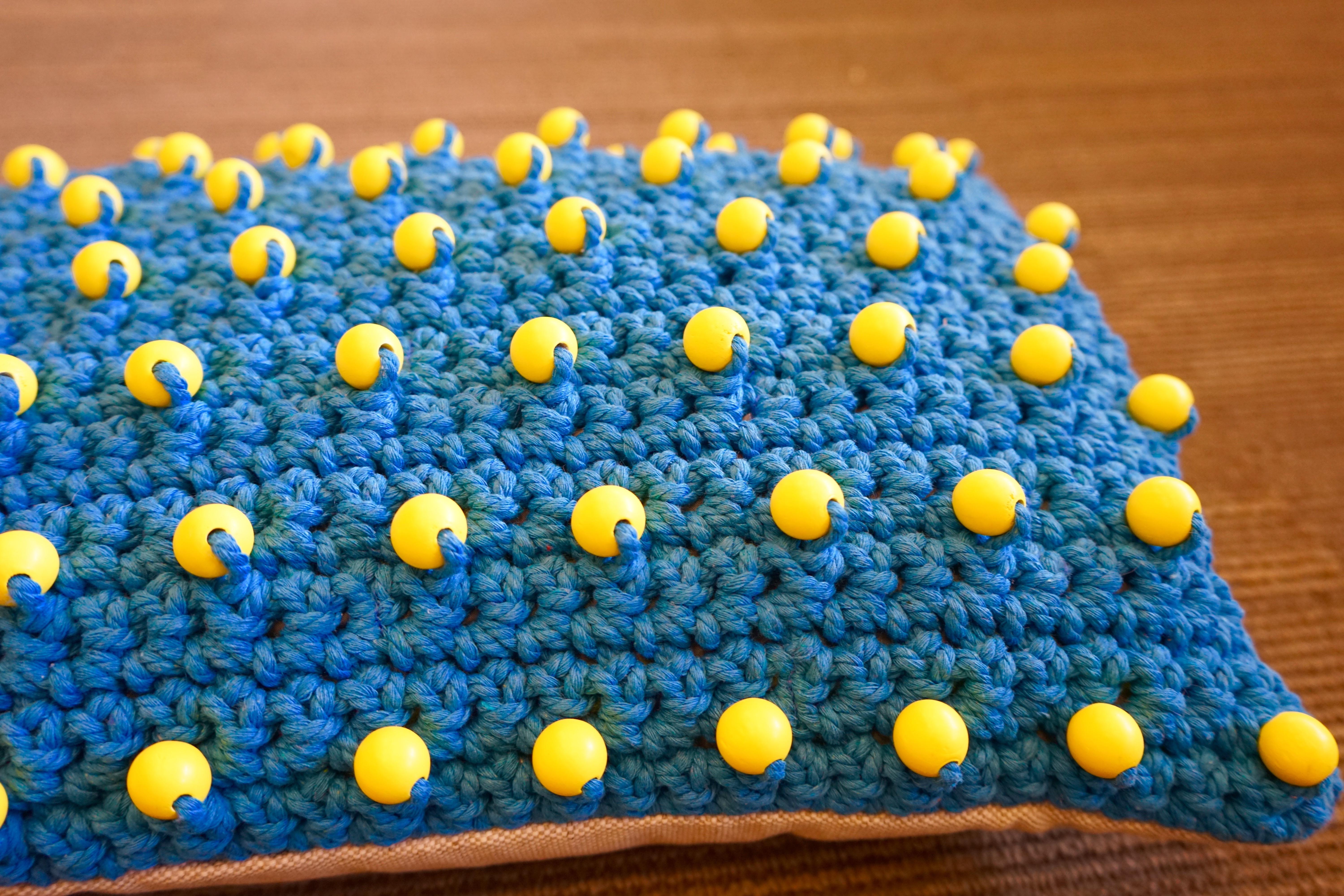 Contemporary Woven Blue Pillow with Yellow Beads In New Condition In Aspen, CO