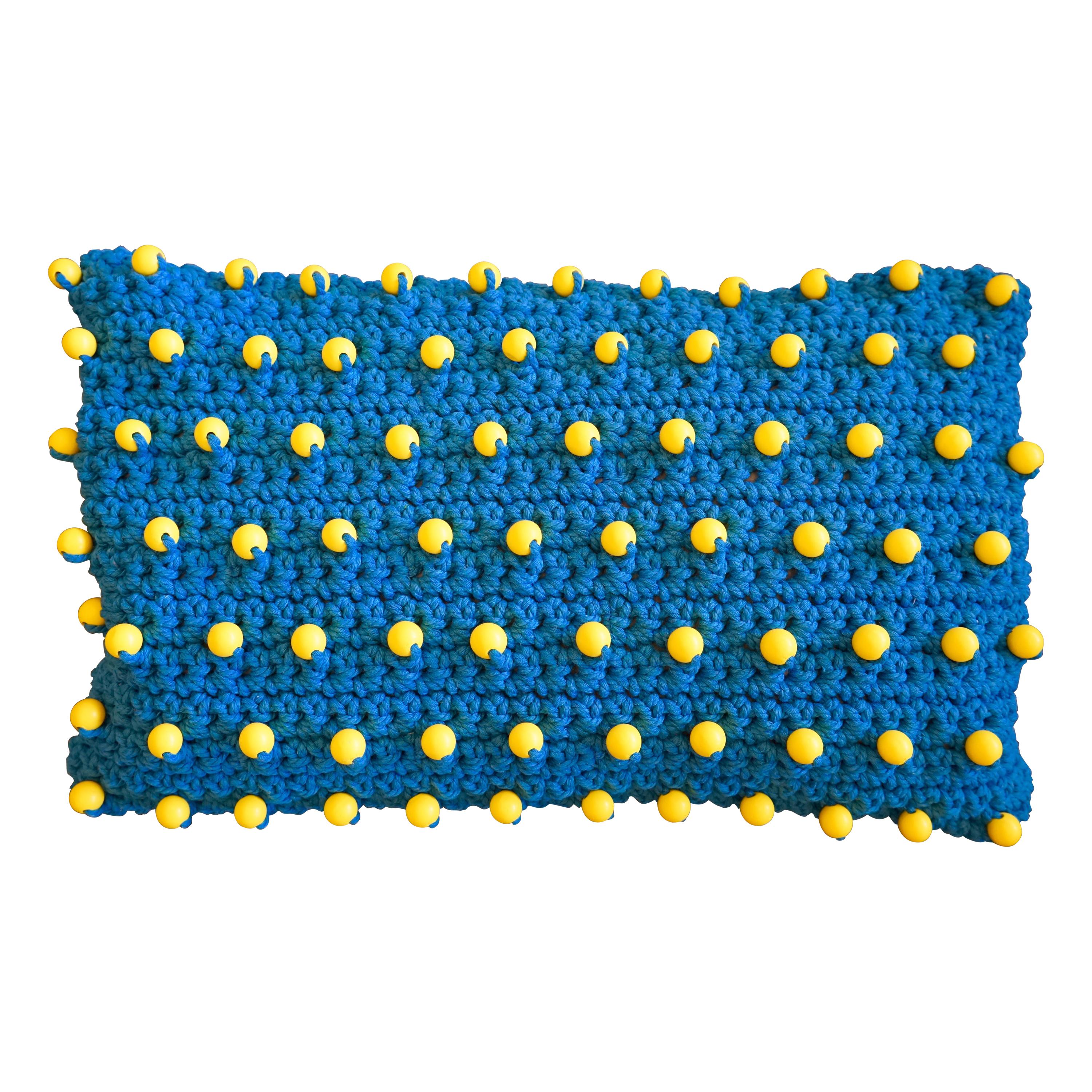 Contemporary Woven Blue Pillow with Yellow Beads