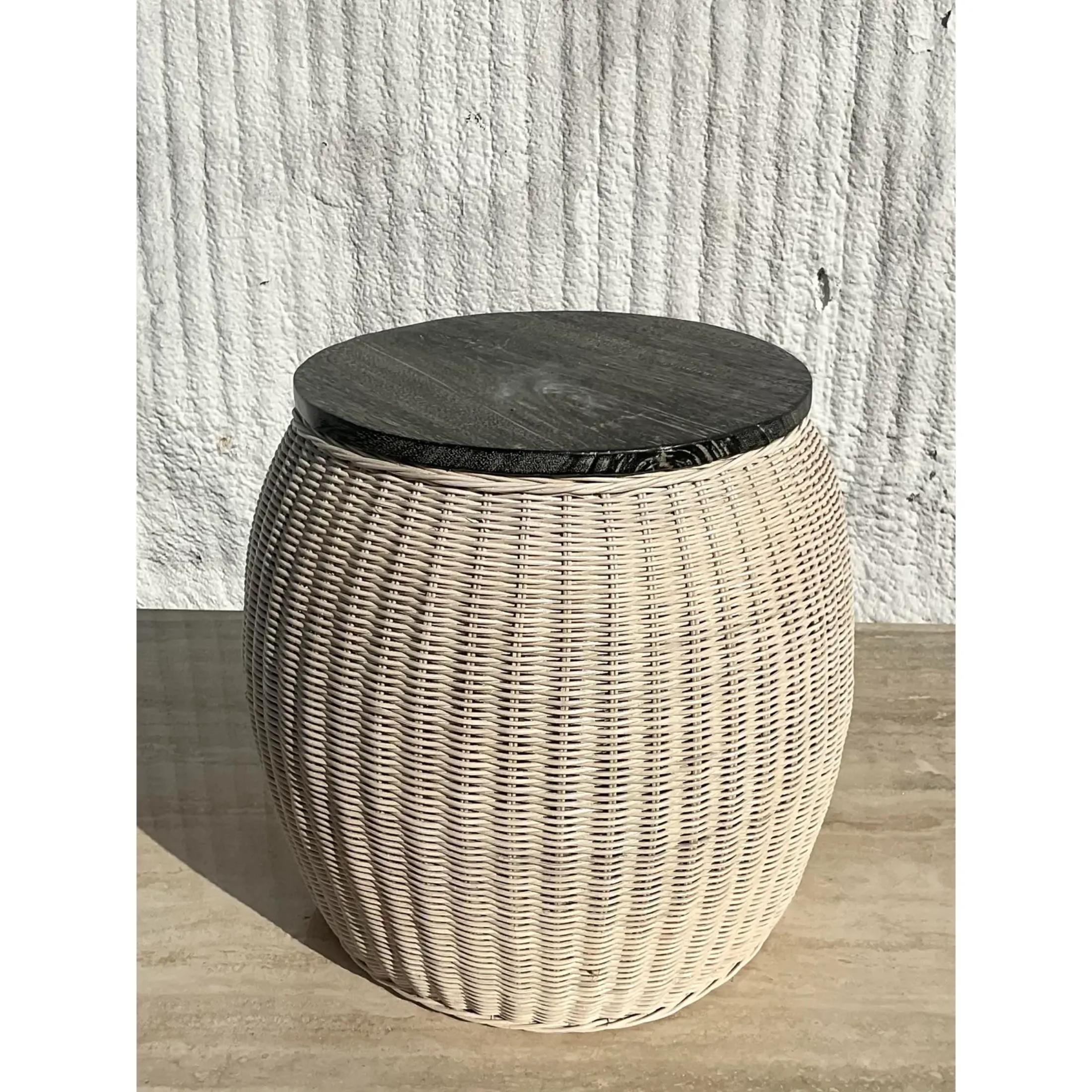 American Contemporary Woven Rattan and Limed Ebony Side Table For Sale