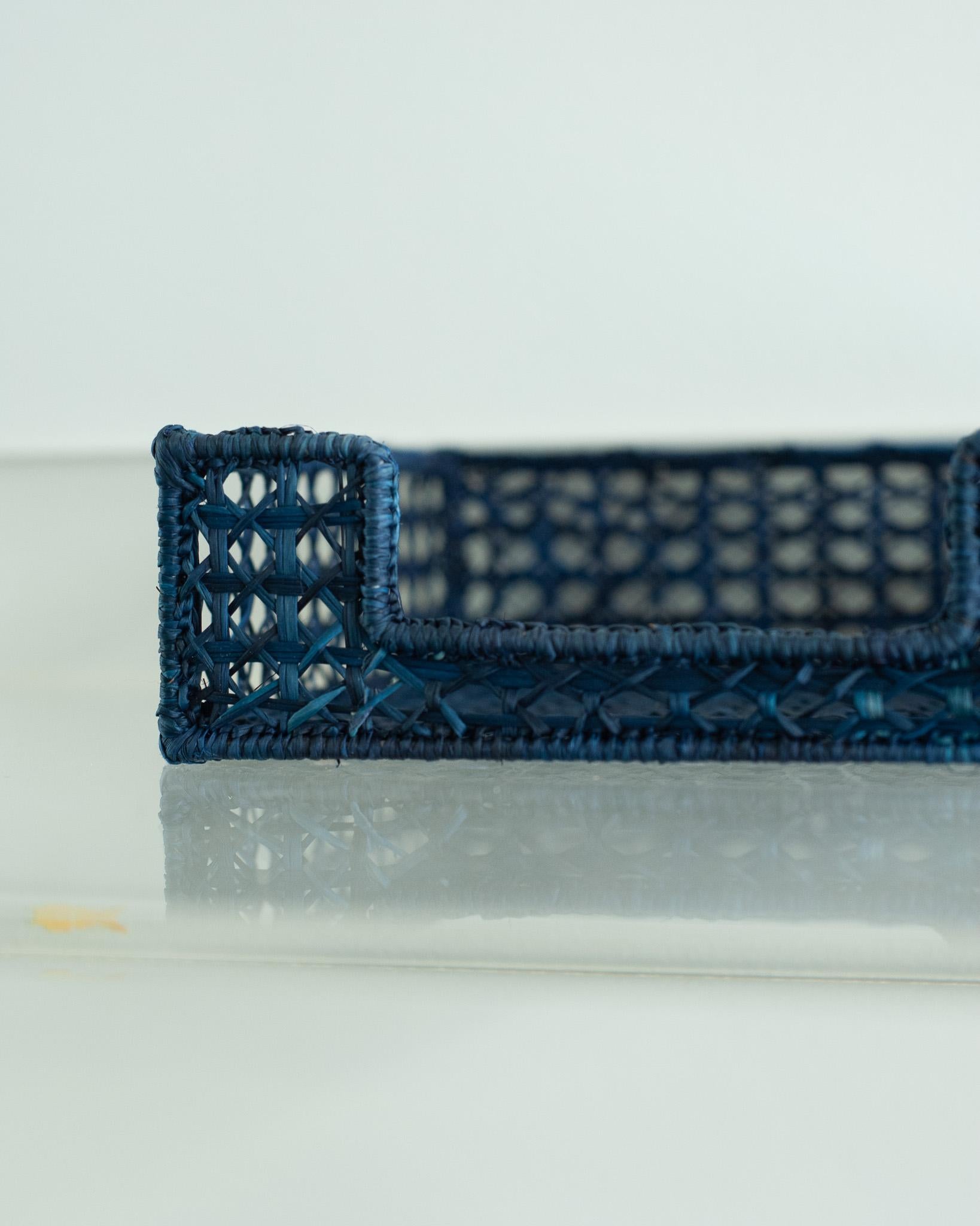 Hand-Woven Contemporary Woven Rattan Napkin Holder in Navy For Sale