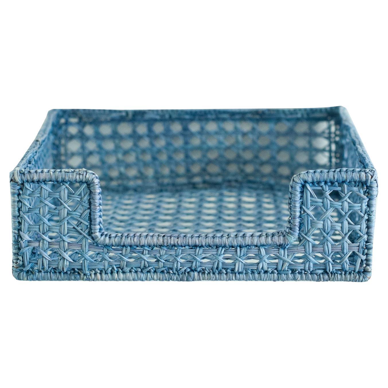 Contemporary Woven Rattan Napkin Holder in Sky Blue