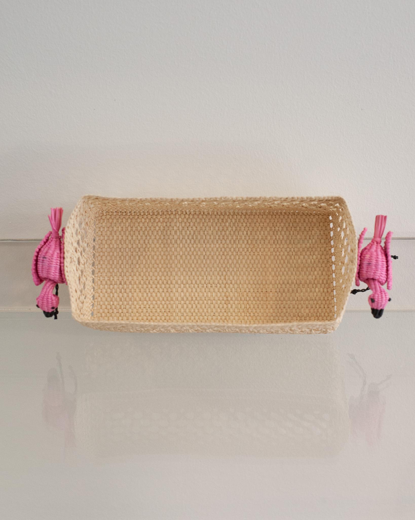 Colombian Contemporary Woven Rattan Small Rectangular Basket with Flamingos For Sale