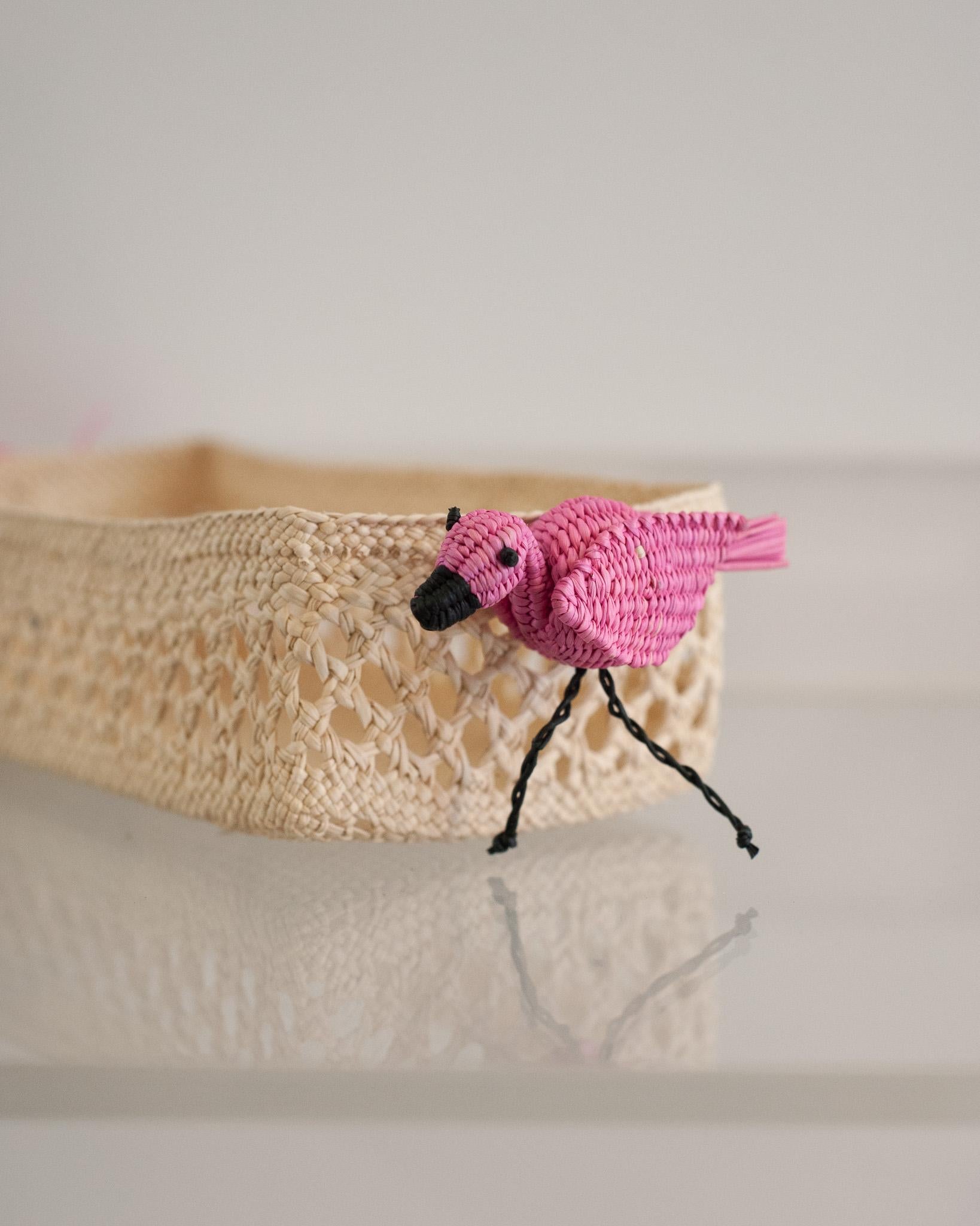 Hand-Woven Contemporary Woven Rattan Small Rectangular Basket with Flamingos For Sale