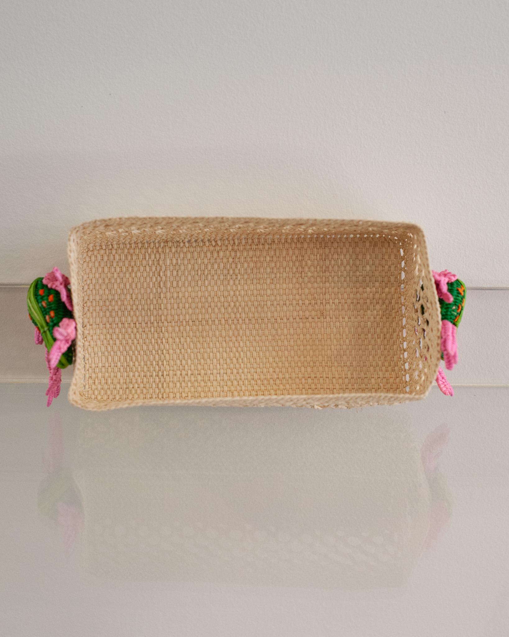 Colombian Contemporary Woven Rattan Small Rectangular Basket with Frogs For Sale