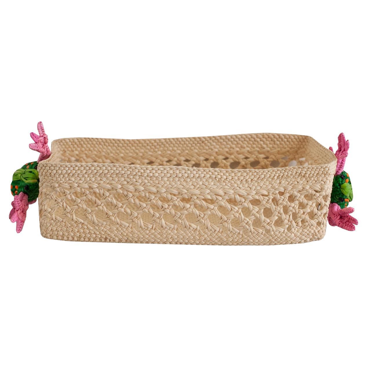 Contemporary Woven Rattan Small Rectangular Basket with Frogs