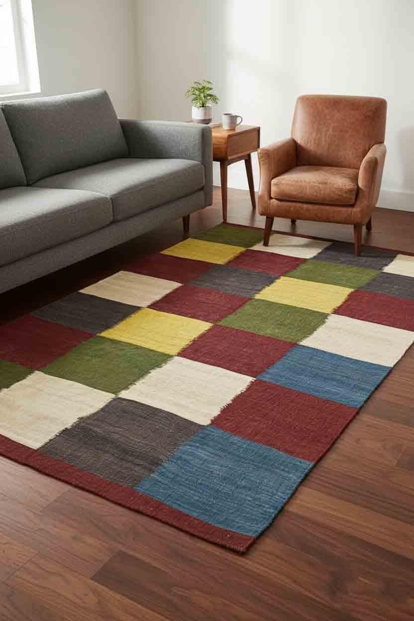 Contemporary Woven Rug, 5 ft × 8 ft , rote, grüne und blaue Blöcke (Moderne) im Angebot