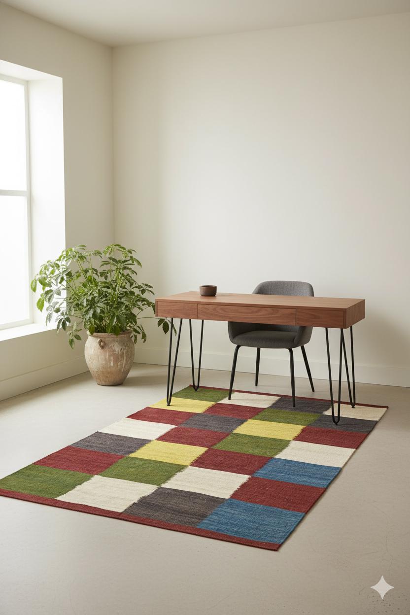 Dieser moderne Webteppich zeigt ein auffälliges Blockmuster, das aus abwechselnden Quadraten in Rot, Grün, Blau, Gelb, Creme und Anthrazit besteht. Die klare Geometrie und die subtilen Texturvariationen unterstreichen die handwerkliche Anmutung,