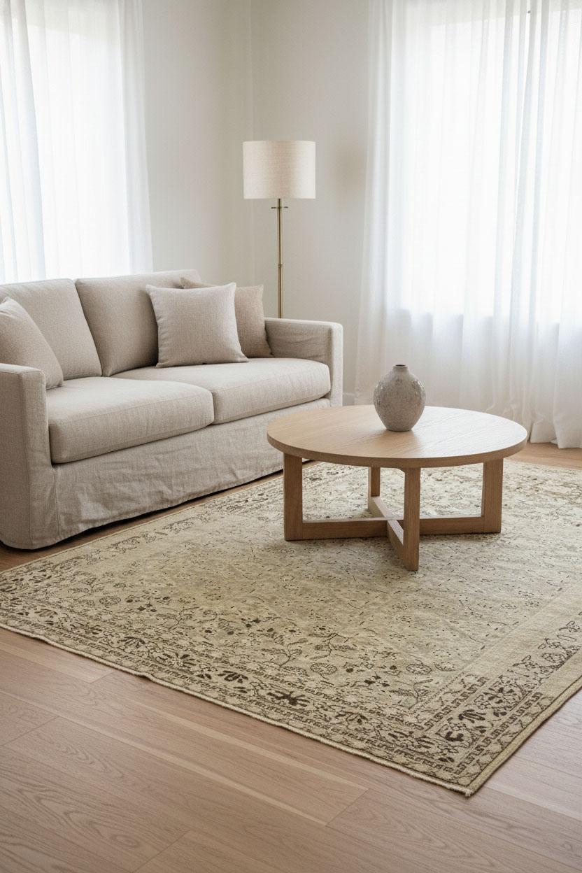 Dieser moderne Webteppich zeigt ein raffiniertes Allover-Muster, das zarte florale und geometrische Motive auf einem sanft gedämpften elfenbeinfarbenen und braunen Feld vereint. Die neutrale Farbpalette trägt zu seiner schlichten Eleganz bei, so