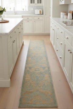 Contemporary Woven Runner Rug, 3 ft × 14 ft, Soft Blue and Beige