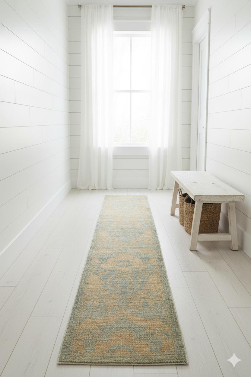 Zeitgenössischer gewebter Läufer, 3 ft × 14 ft, weiches Blau und Beige (Oushak) im Angebot