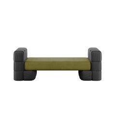 Contemporary Woven Upholstered Bench Forest Green Suede & Arms Black Corduroy