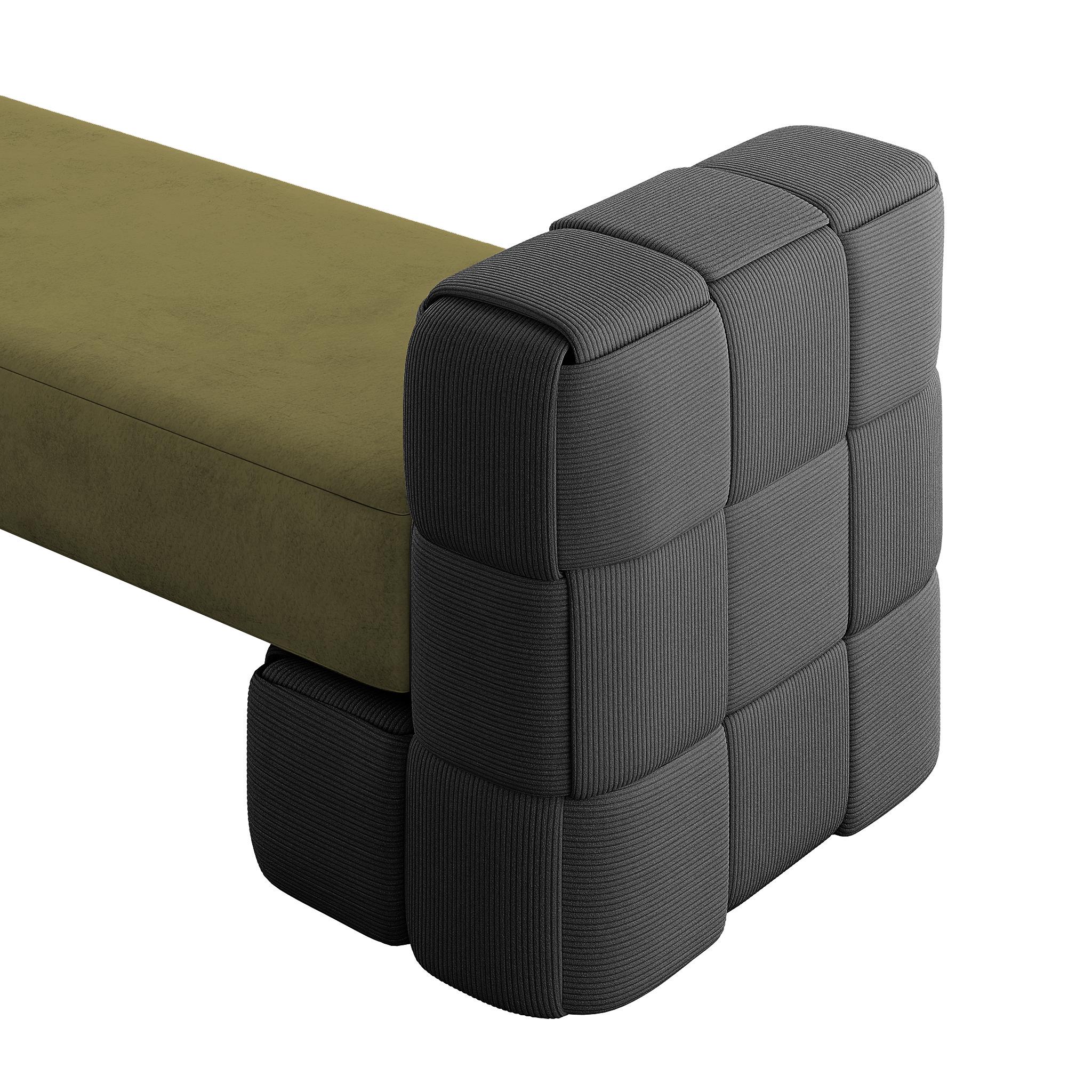 Contemporary Woven Upholstered Bench Forest Green Suede & Arms Black Corduroy (Organische Moderne) im Angebot