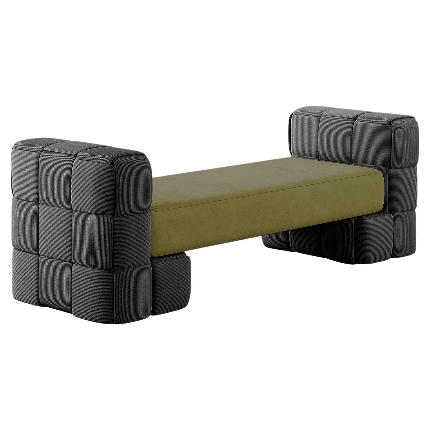 Contemporary Woven Upholstered Bench Forest Green Suede & Arms Black Corduroy im Angebot