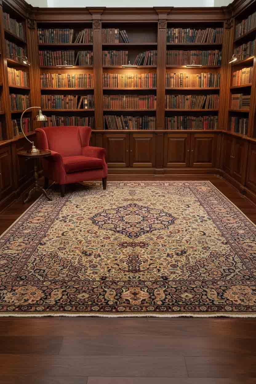 Ce tapis contemporain en laine présente une disposition complexe centrée sur un médaillon entouré de motifs floraux et de vignes détaillés. La base tissée et la construction en laine à poils moyens offrent une surface substantielle et confortable