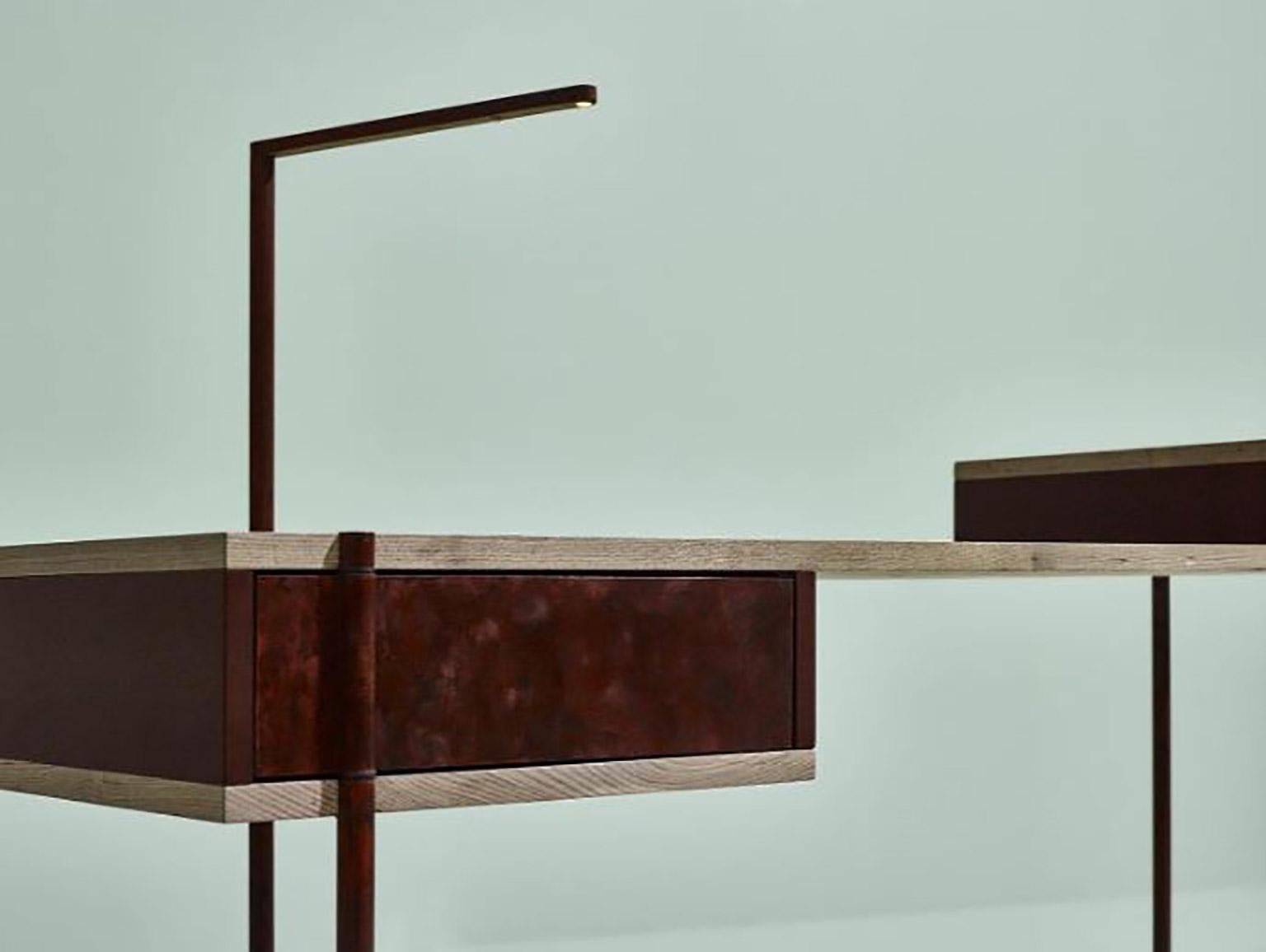 SEM Pivot collection, writing desk, simple and sculptural. The supporting structure is a rigid system of metal tubes to which are added shelves in beautiful stone elmwood and Canaletto walnut wood combined with various lacquered containers. The