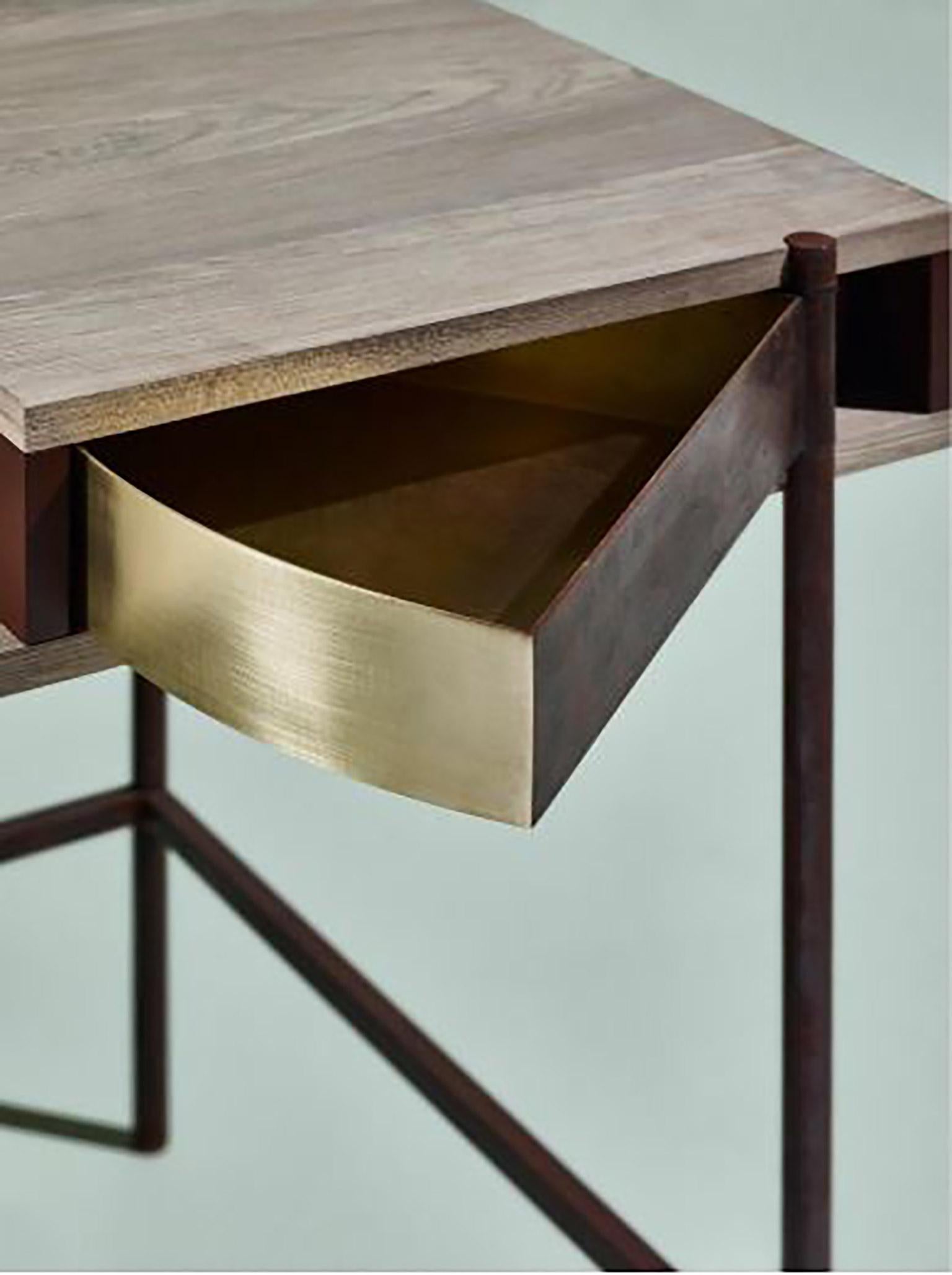 Modern Contemporary Writing Desk, Etched Brass, Pivoting Doors Stone Elm Shelves/Walnut For Sale