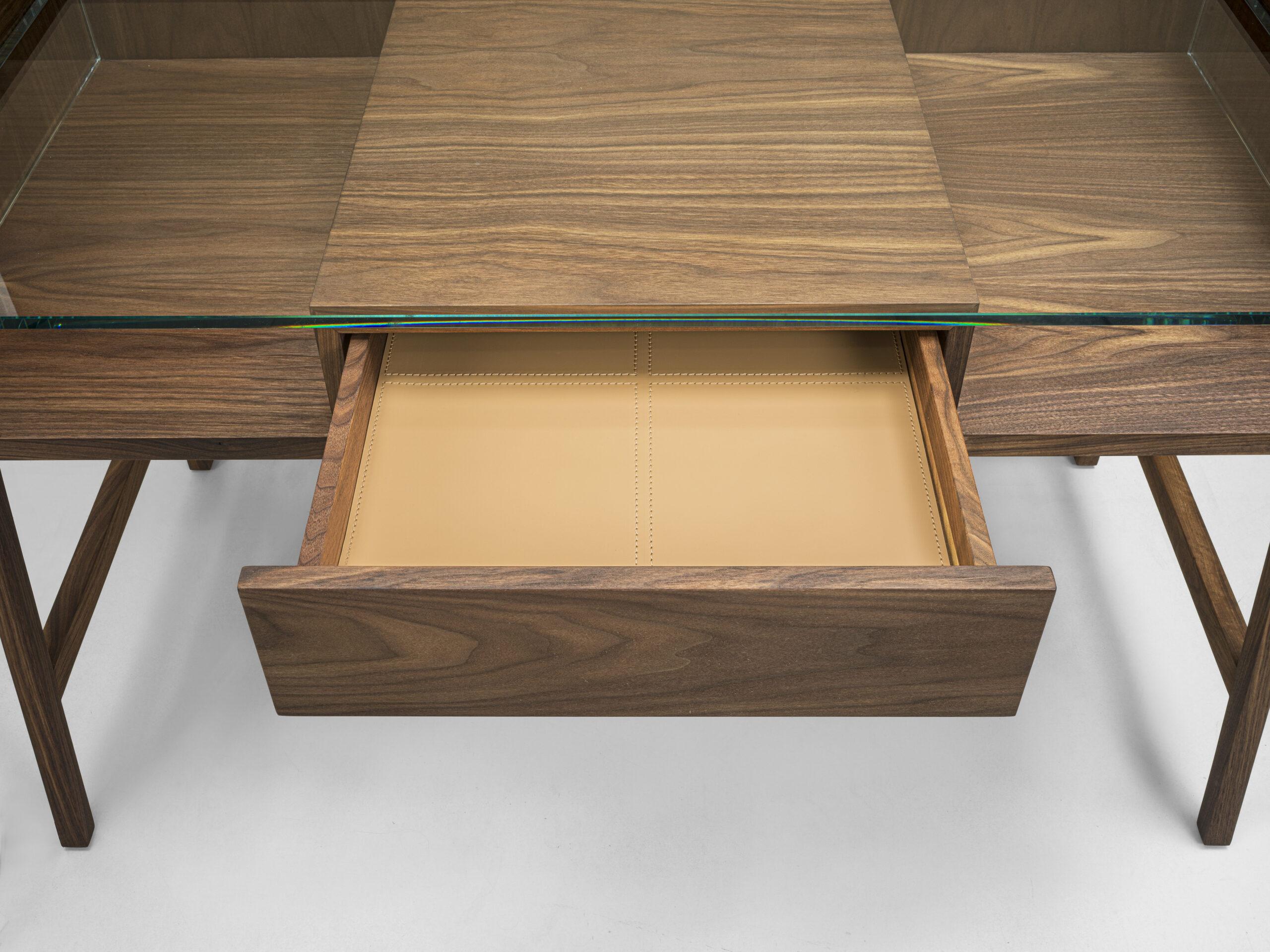 Contemporary Writing Desk In Solid Wood and Glass Worktop For Sale 1