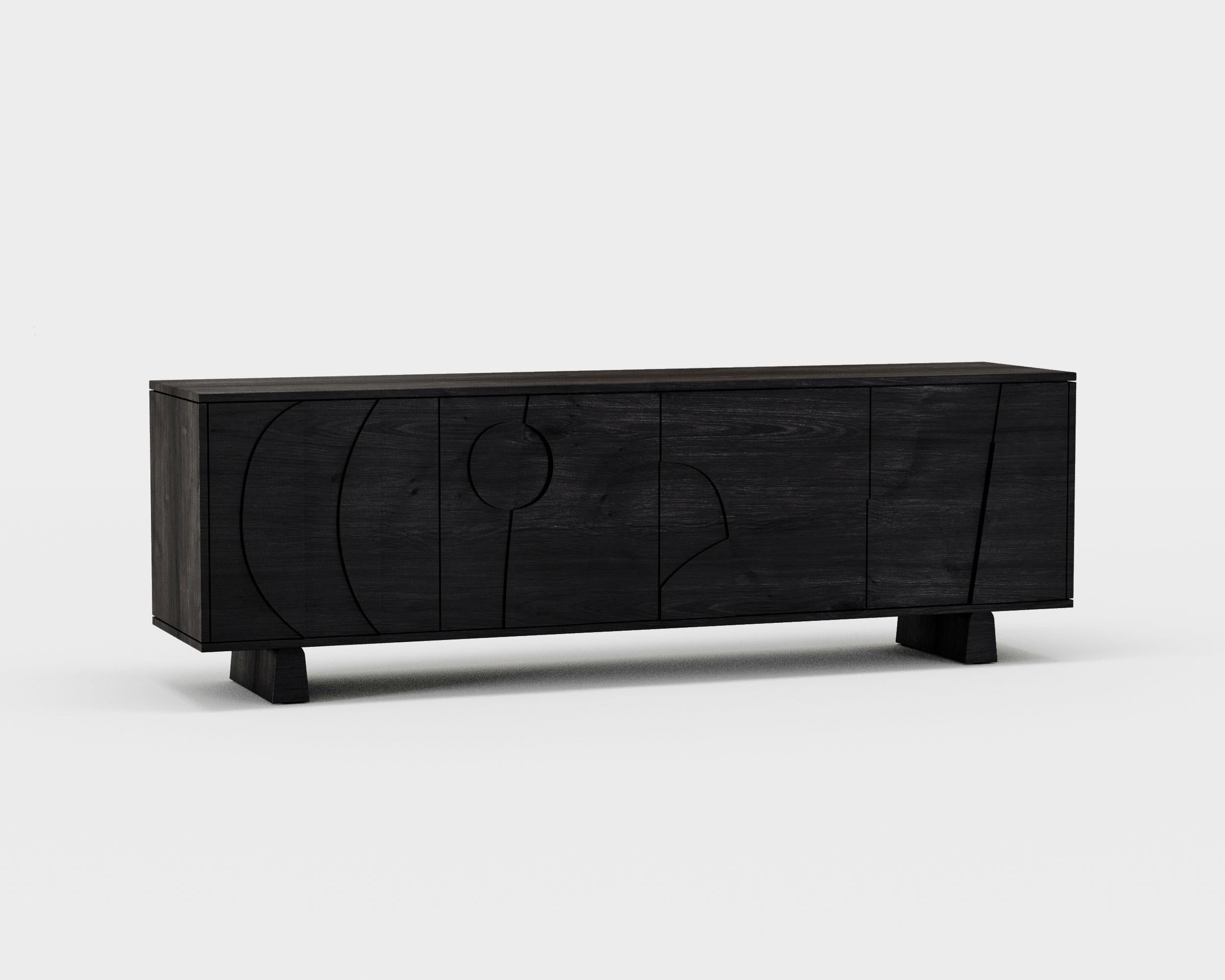 'Wynwood' 4 Sideboard by Man of Parts
Signed by Sebastian Herkner

Dimensions: H. 68 x 49 x 213.5 cm
Available in various finishes: Black oak, nude oak, whiskey oak
Leg height available: Tall, Short, Wall mount

Model shown: Black oak finish, Short