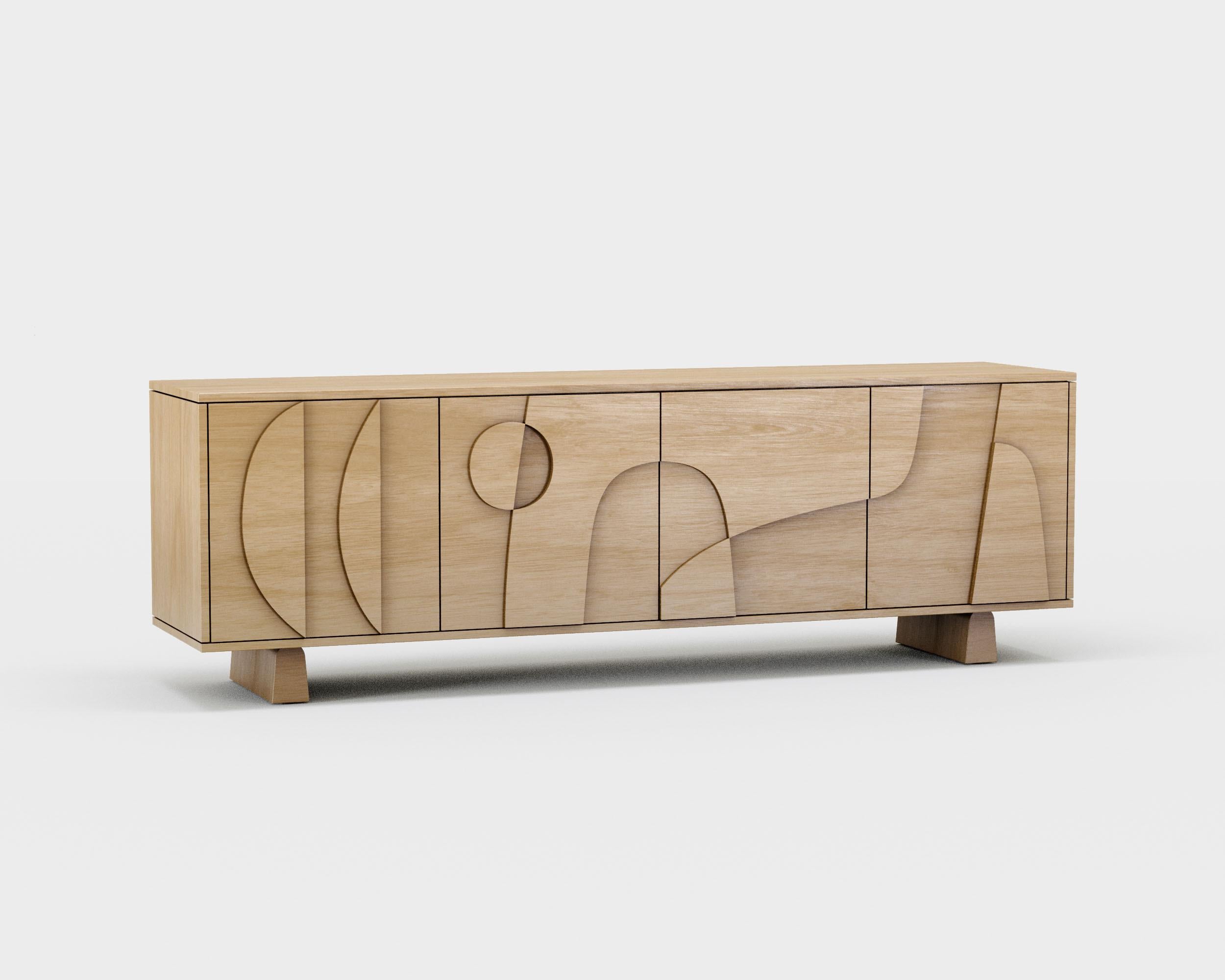 'Wynwood' 4 Sideboard by Man of Parts
Signed by Sebastian Herkner

Dimensions: H. 68 x 49 x 213.5 cm
Available in various finishes: Black oak, nude oak, whiskey oak
Leg height available: Tall, Short, Wall mount

Model shown: Nude oak finish, Short