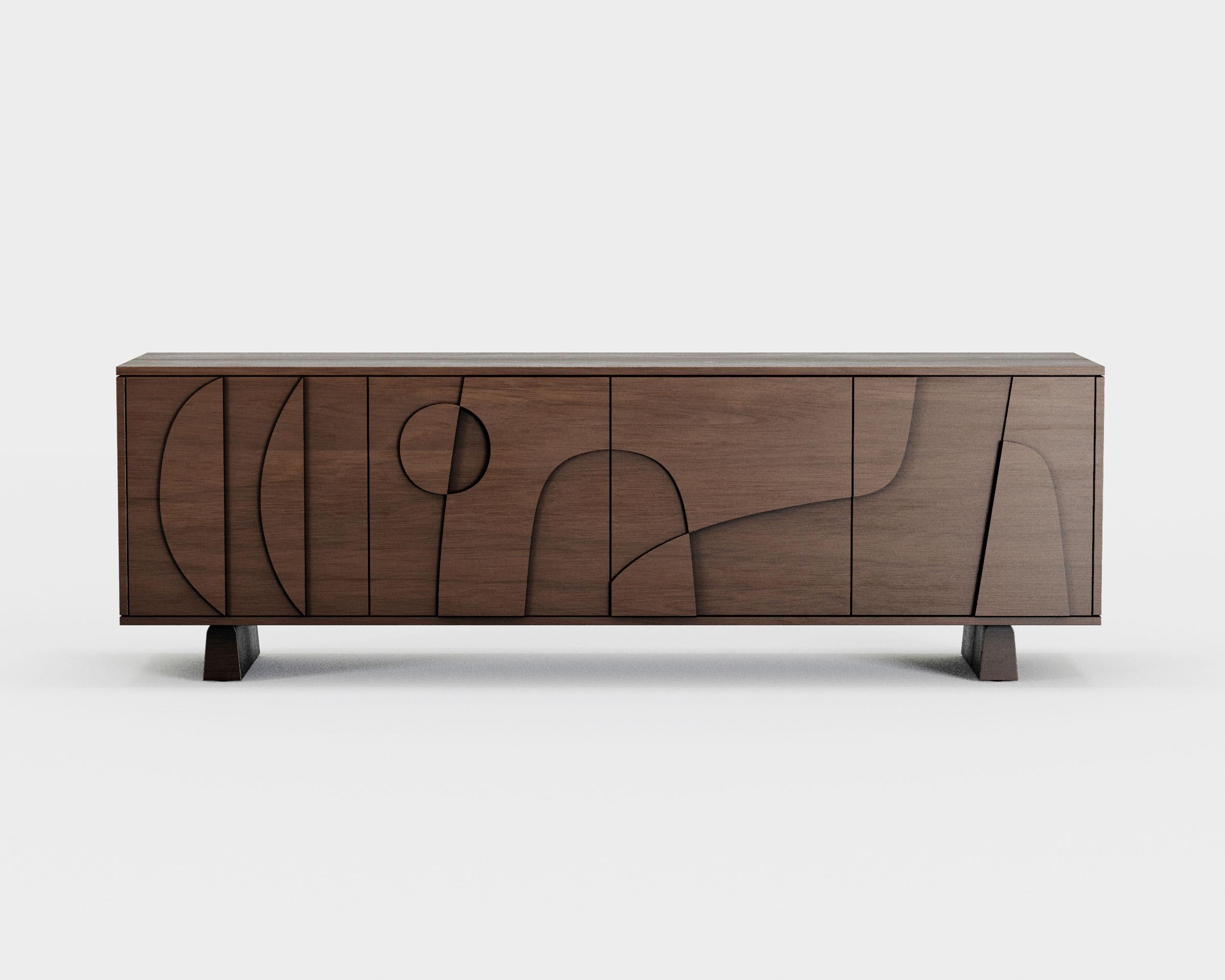 'Wynwood' 4 Sideboard by Man of Parts
Signed by Sebastian Herkner

Dimensions: H. 68 x 49 x 213.5 cm
Available in various finishes: Black oak, nude oak, whiskey oak
Leg height available: Tall, Short, Wall mount

Model shown: Whiskey oak finish,