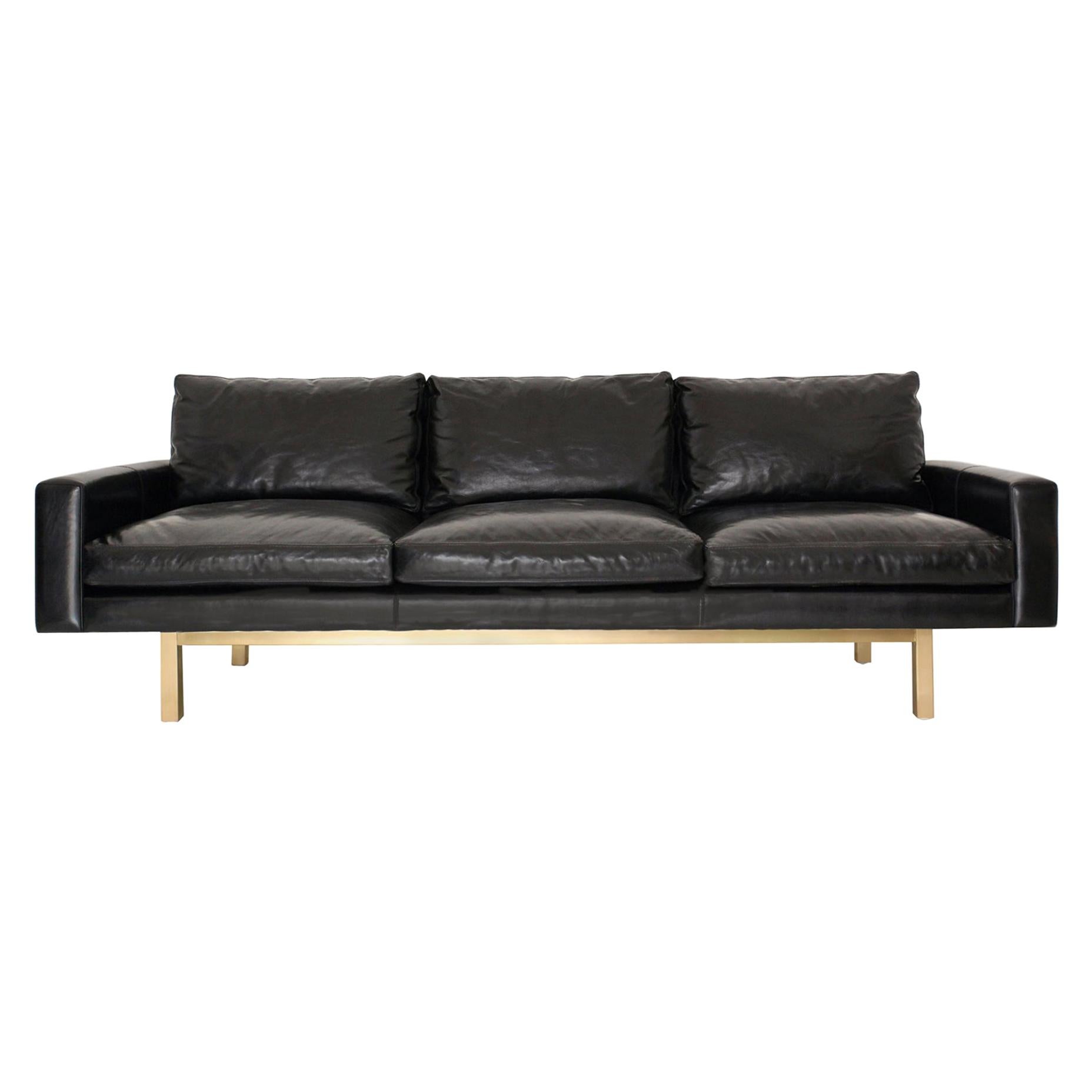 Contemporary X-Large Standard Sofa in Black Leather with Brass Base For Sale