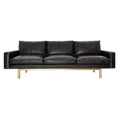 Contemporary X-Large Standard Sofa in Black Leather with Brass Base