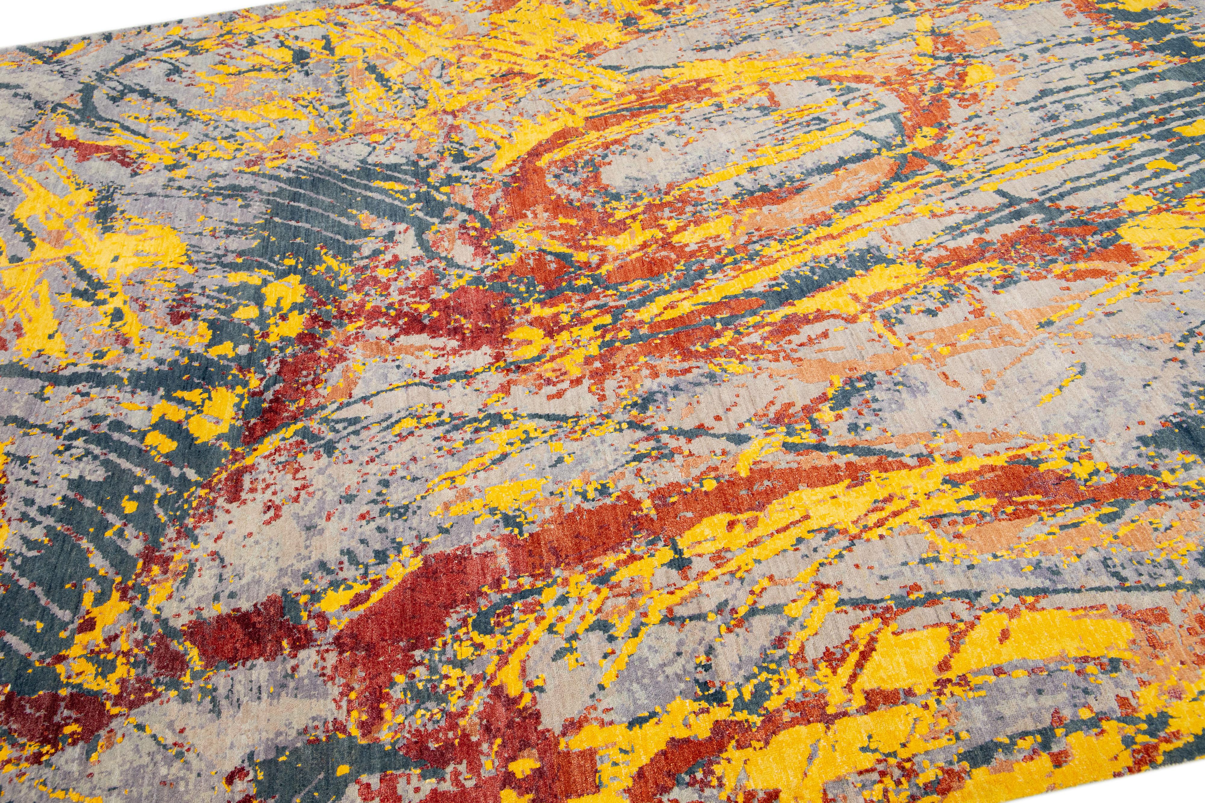 Zeitgenössischer gelber abstrakter Teppich aus tibetischer Wolle und Seide (Tibetisch) im Angebot