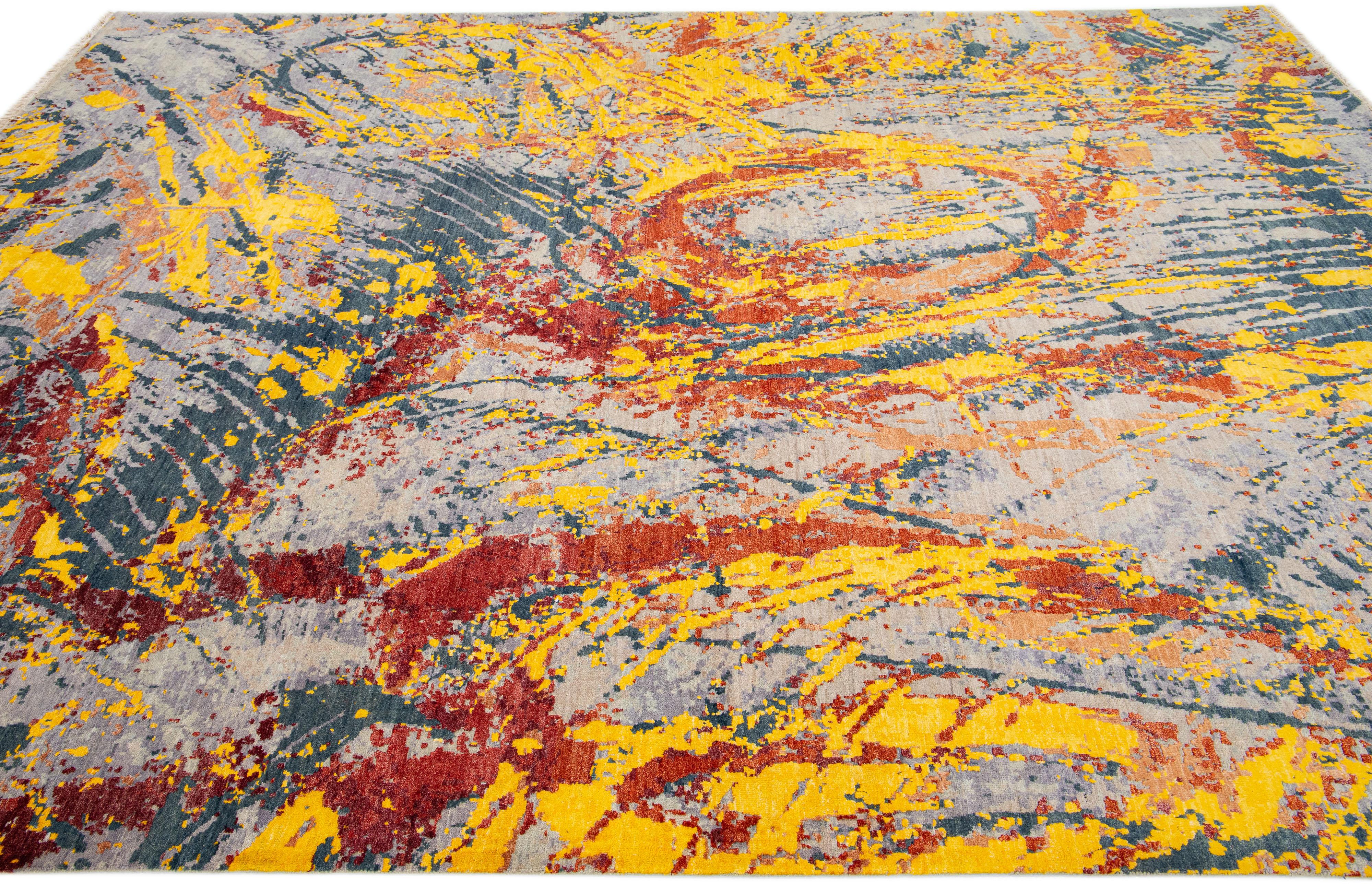 Hand-Knotted Contemporary Yellow Abstract Tibetan Wool and Silk Rug For Sale