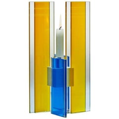 Contemporary Yellow 
Blue Glass 
Aluminum Candlestick