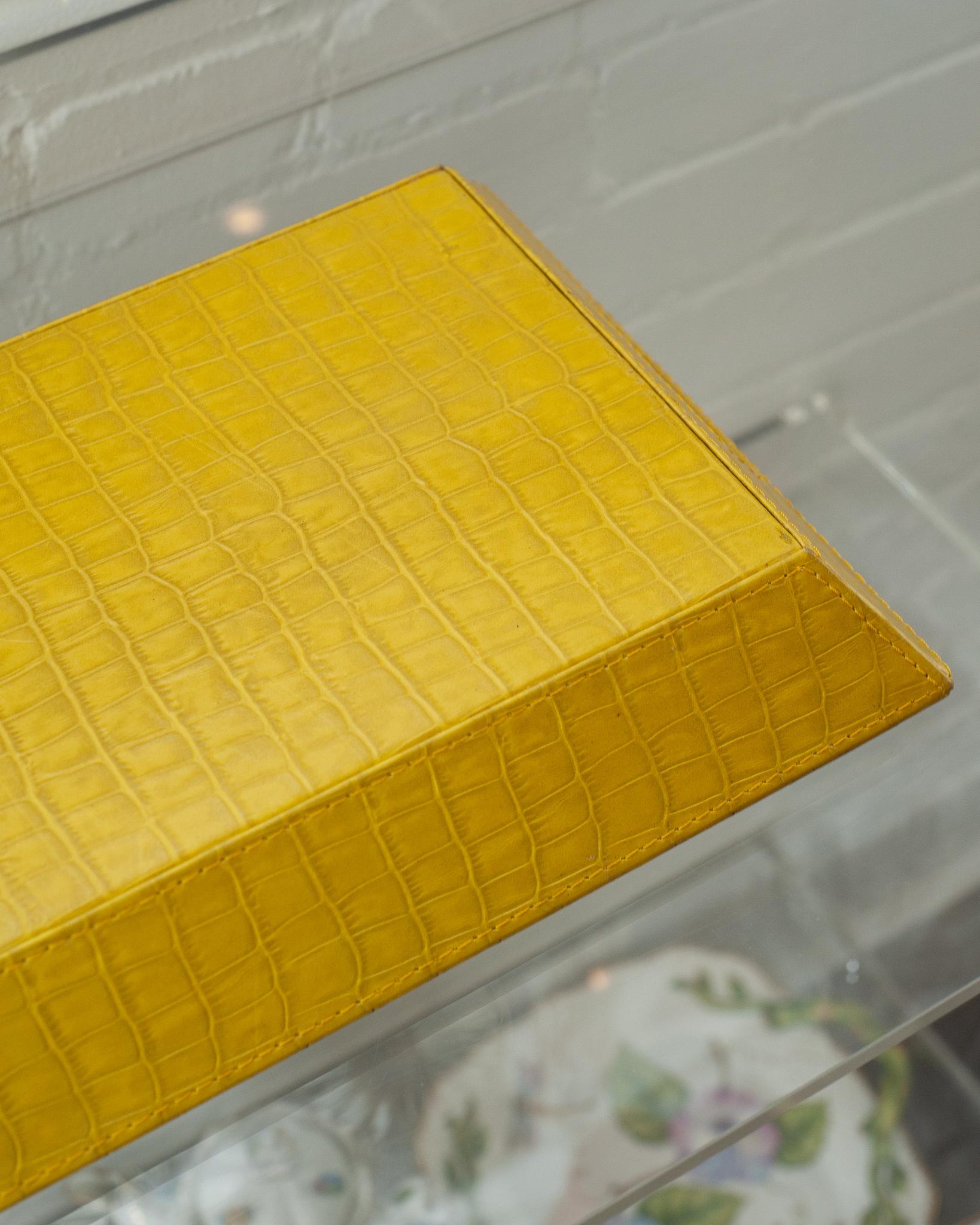 Contemporary Yellow Crocodile Embossed Leather Rectangular Tray In New Condition For Sale In Toronto, ON
