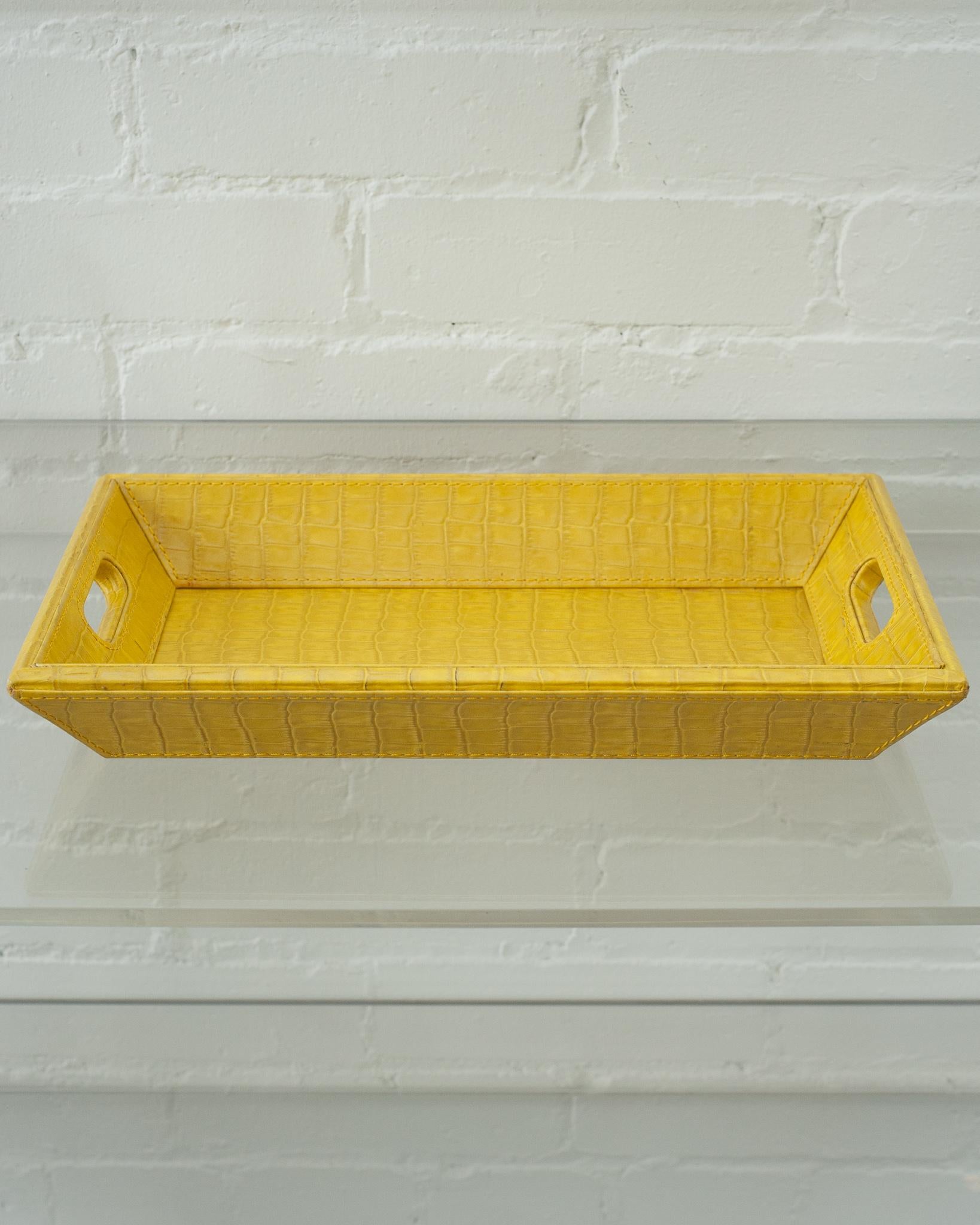 Contemporary Yellow Crocodile Embossed Leather Rectangular Tray For Sale 1