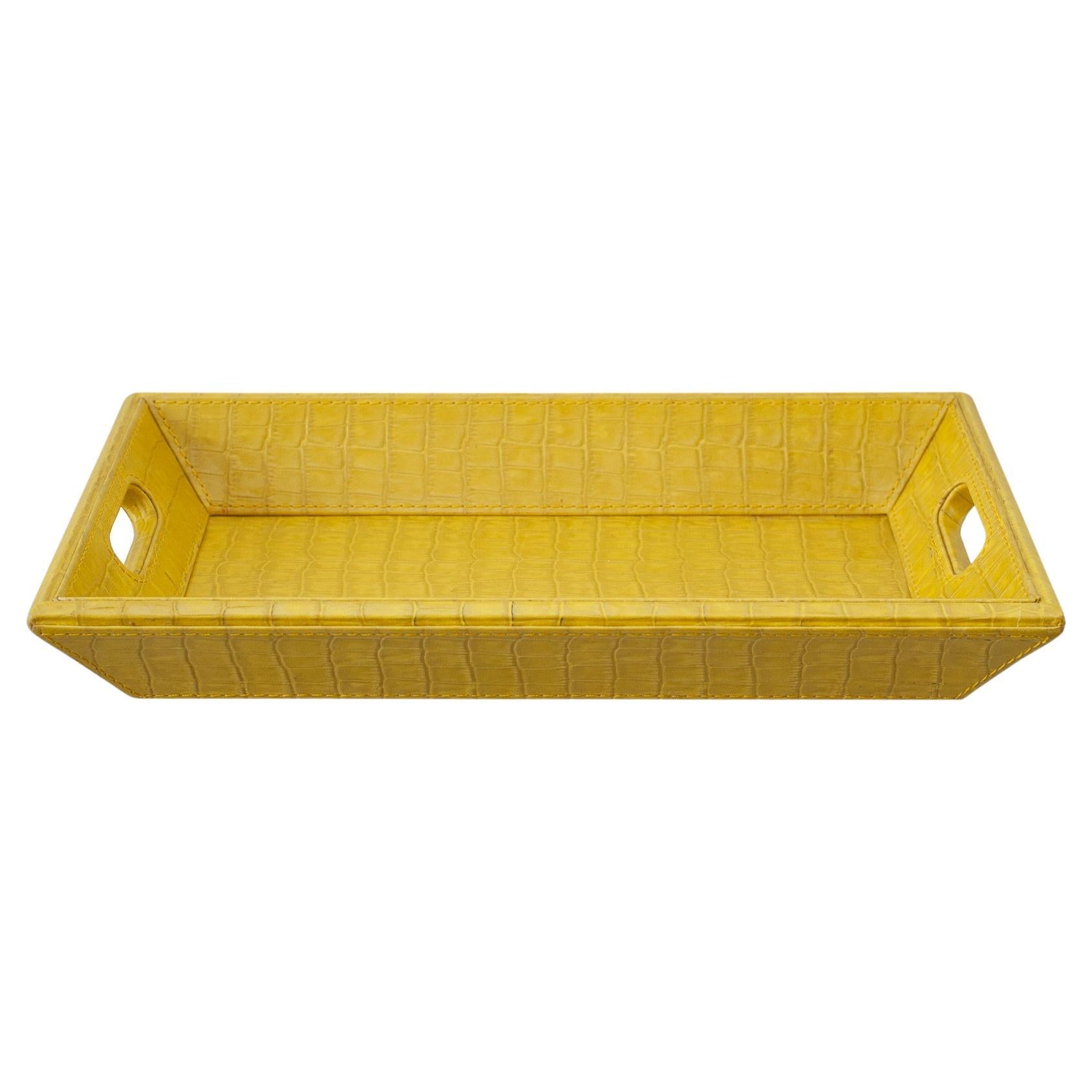 Contemporary Yellow Crocodile Embossed Leather Rectangular Tray For Sale